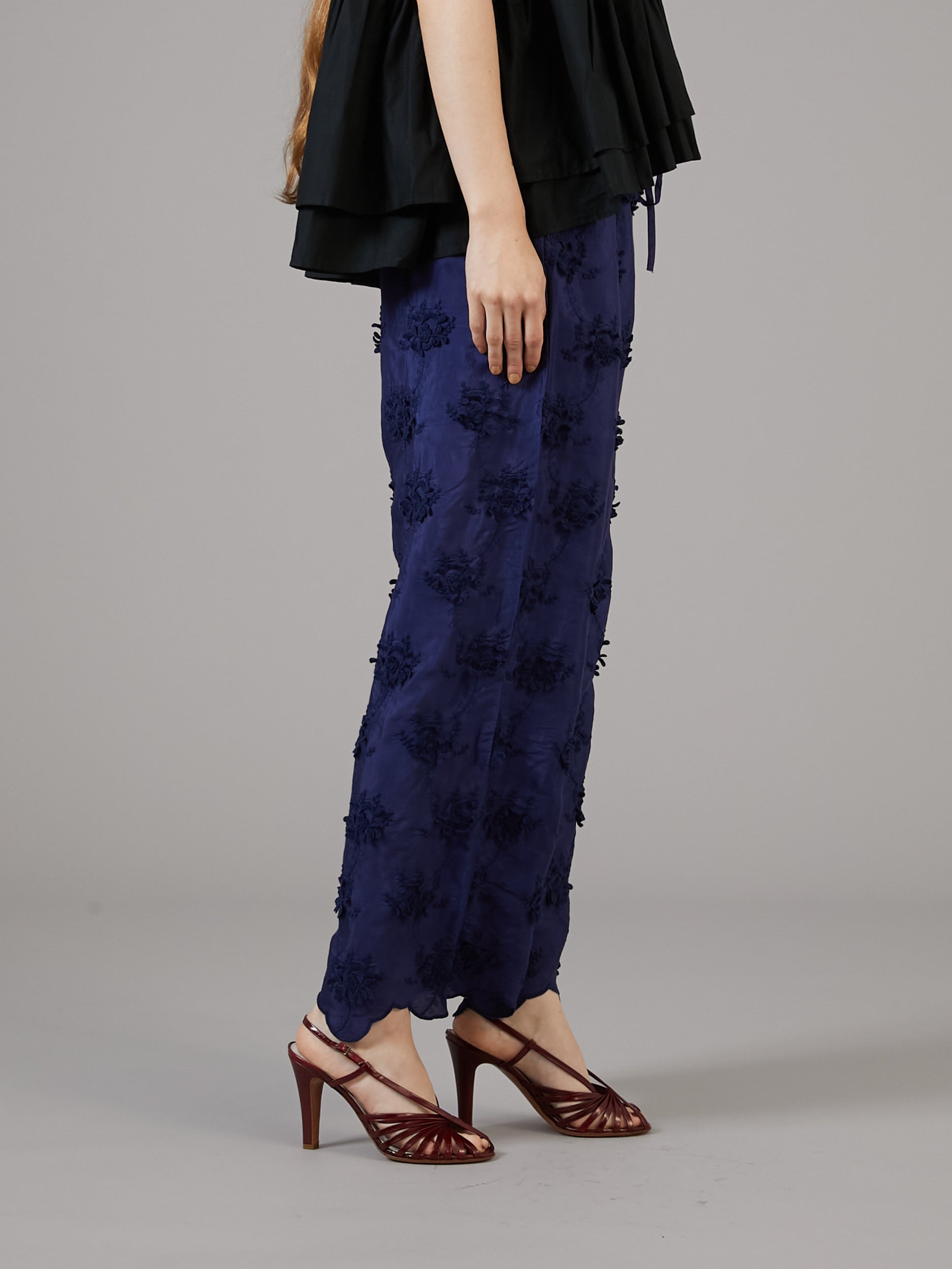 3D embroidery rayon shantung pants |NAVY