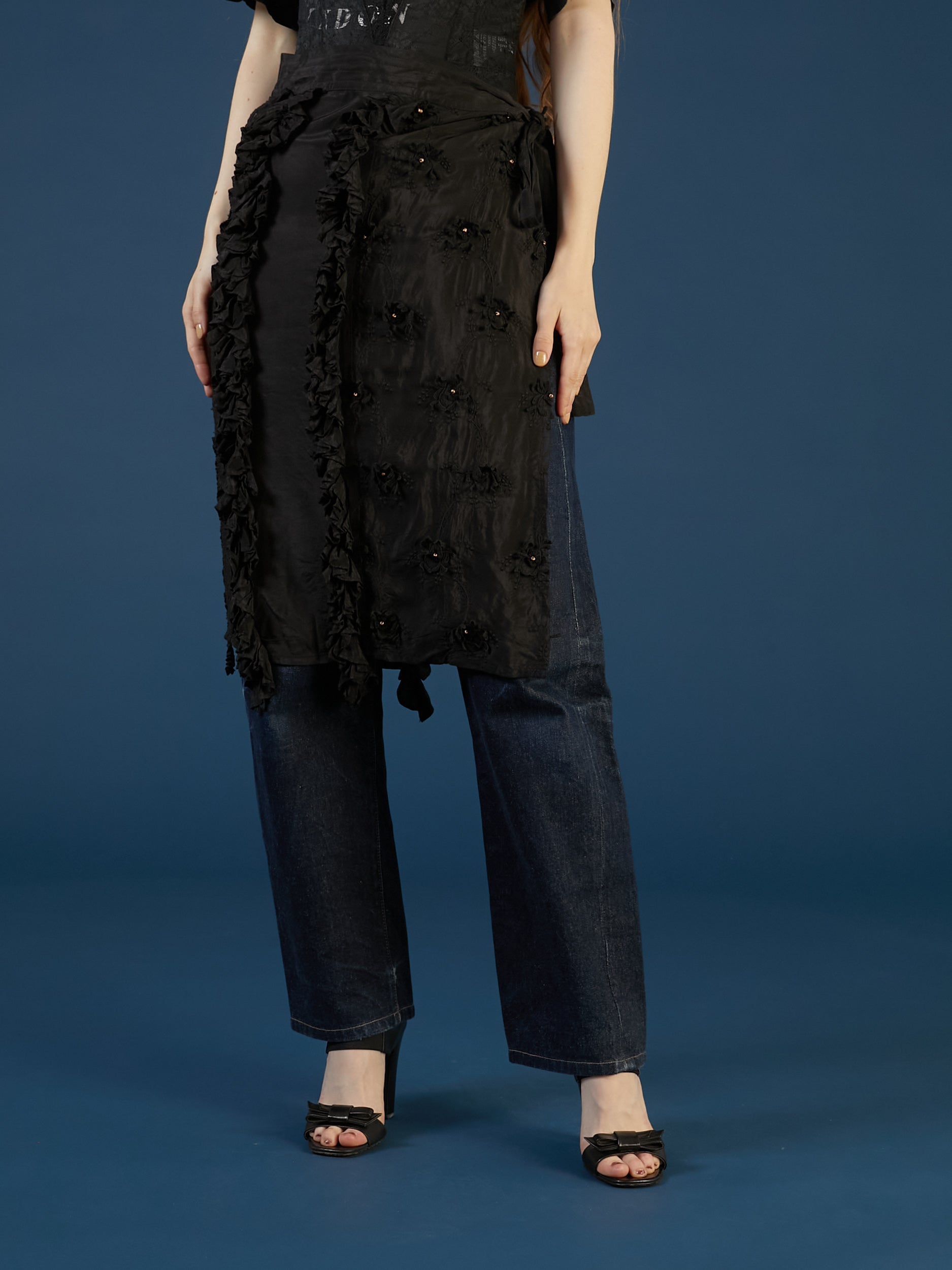 frill rayon shantung apron skirt | BLACK