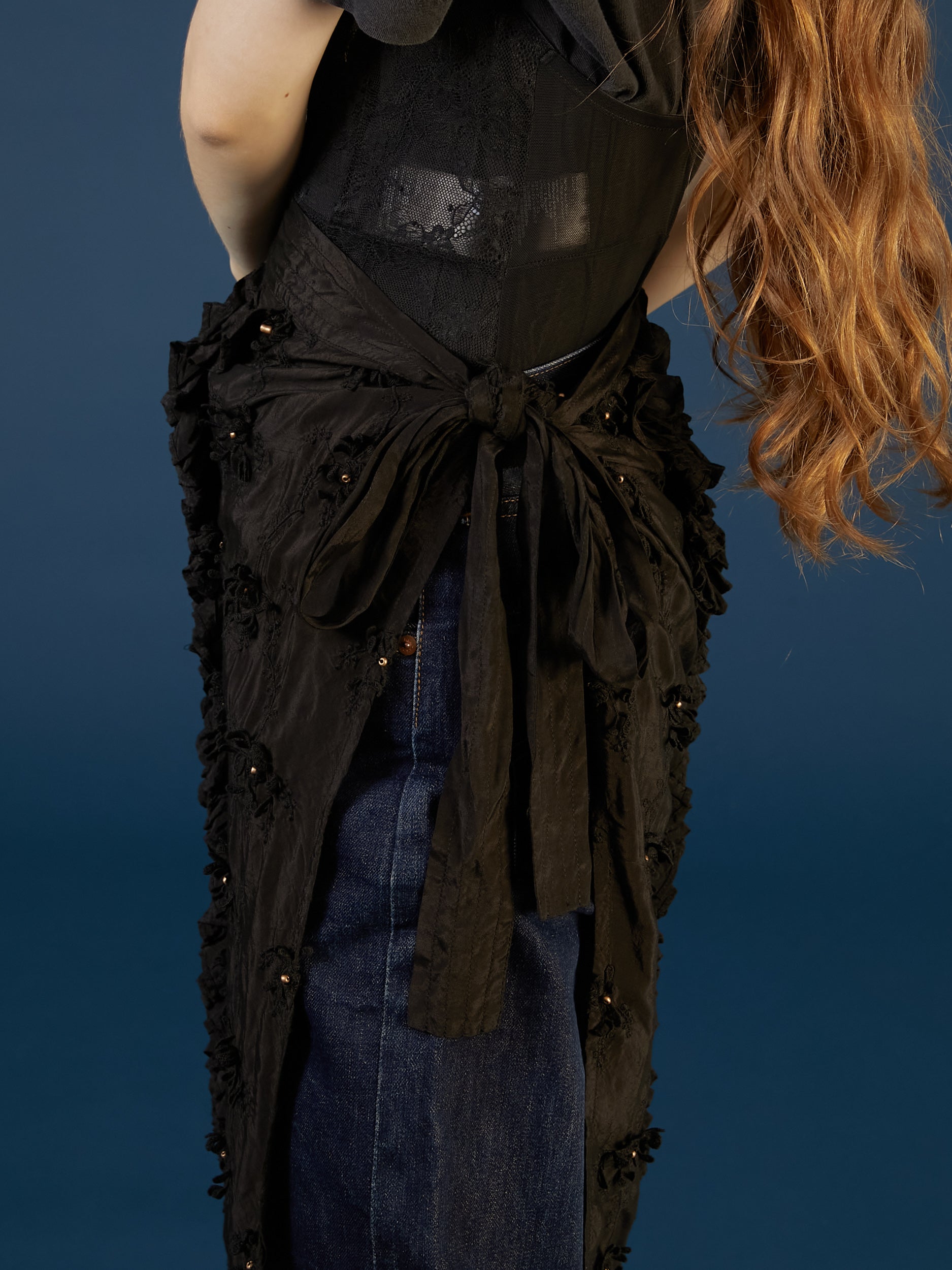 frill rayon shantung apron skirt | BLACK