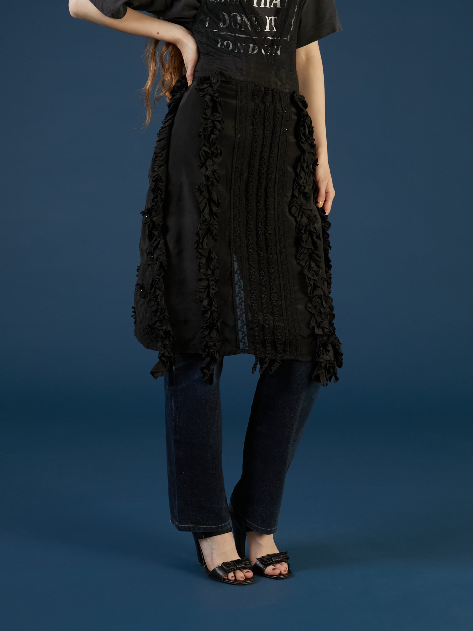 frill rayon shantung apron skirt | BLACK