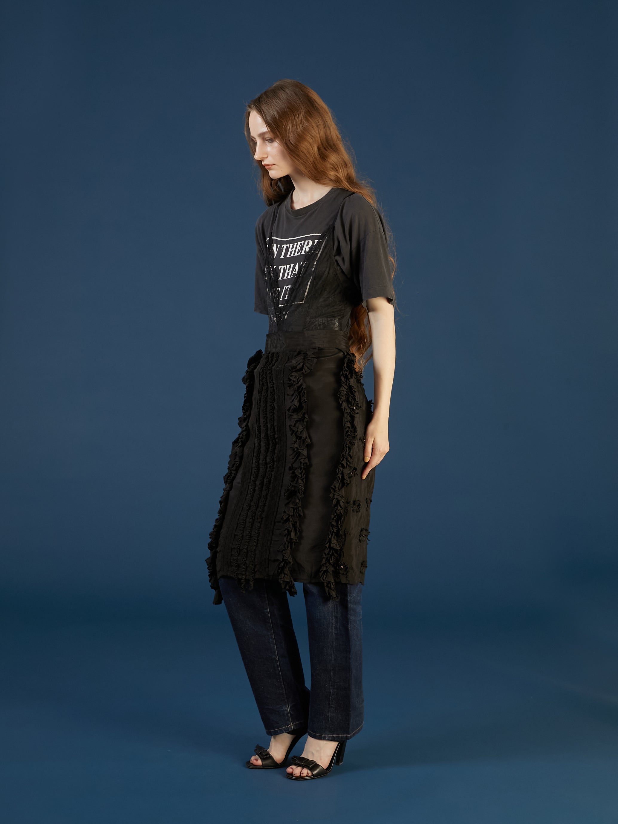 frill rayon shantung apron skirt | BLACK