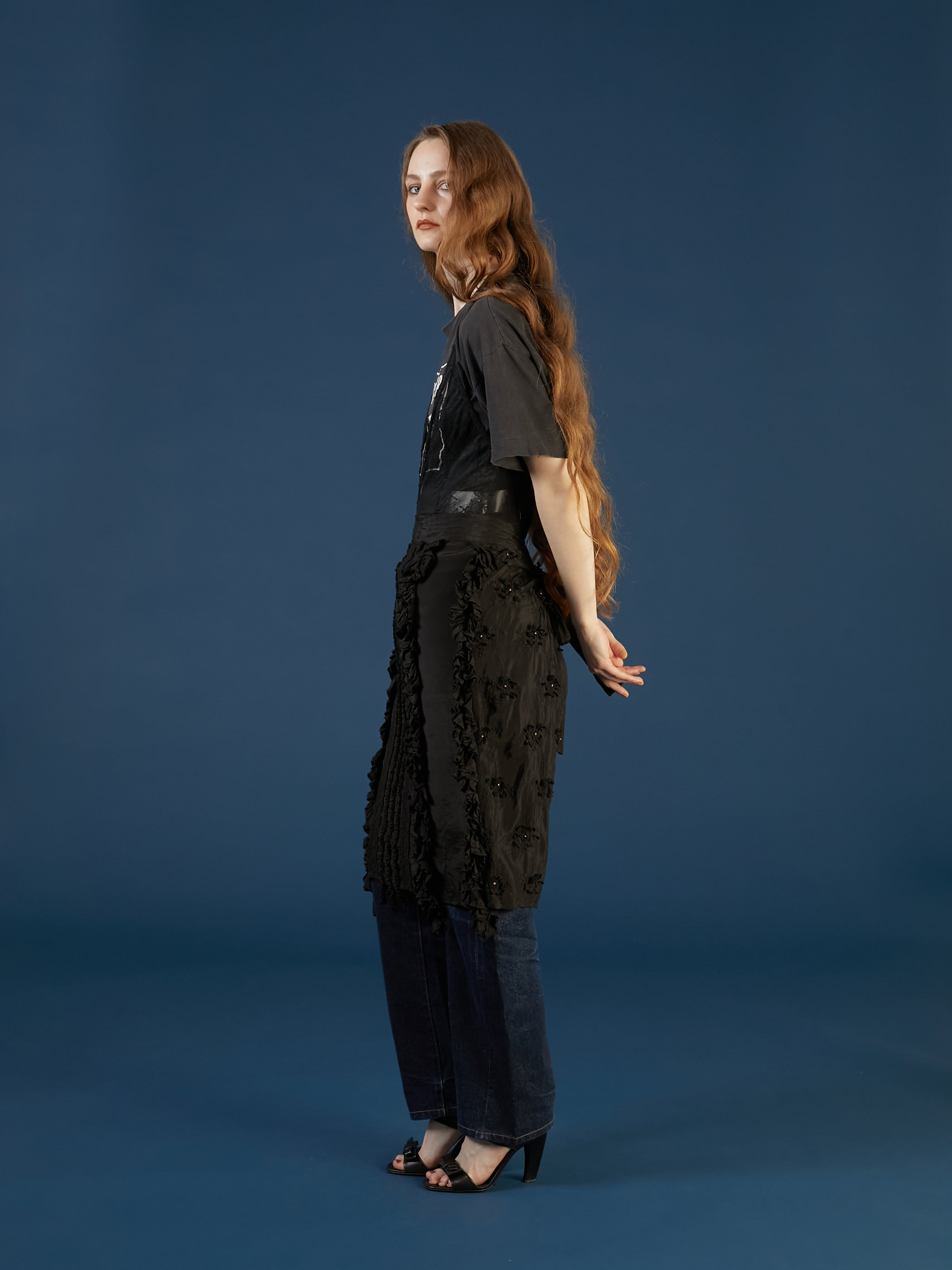frill rayon shantung apron skirt | BLACK