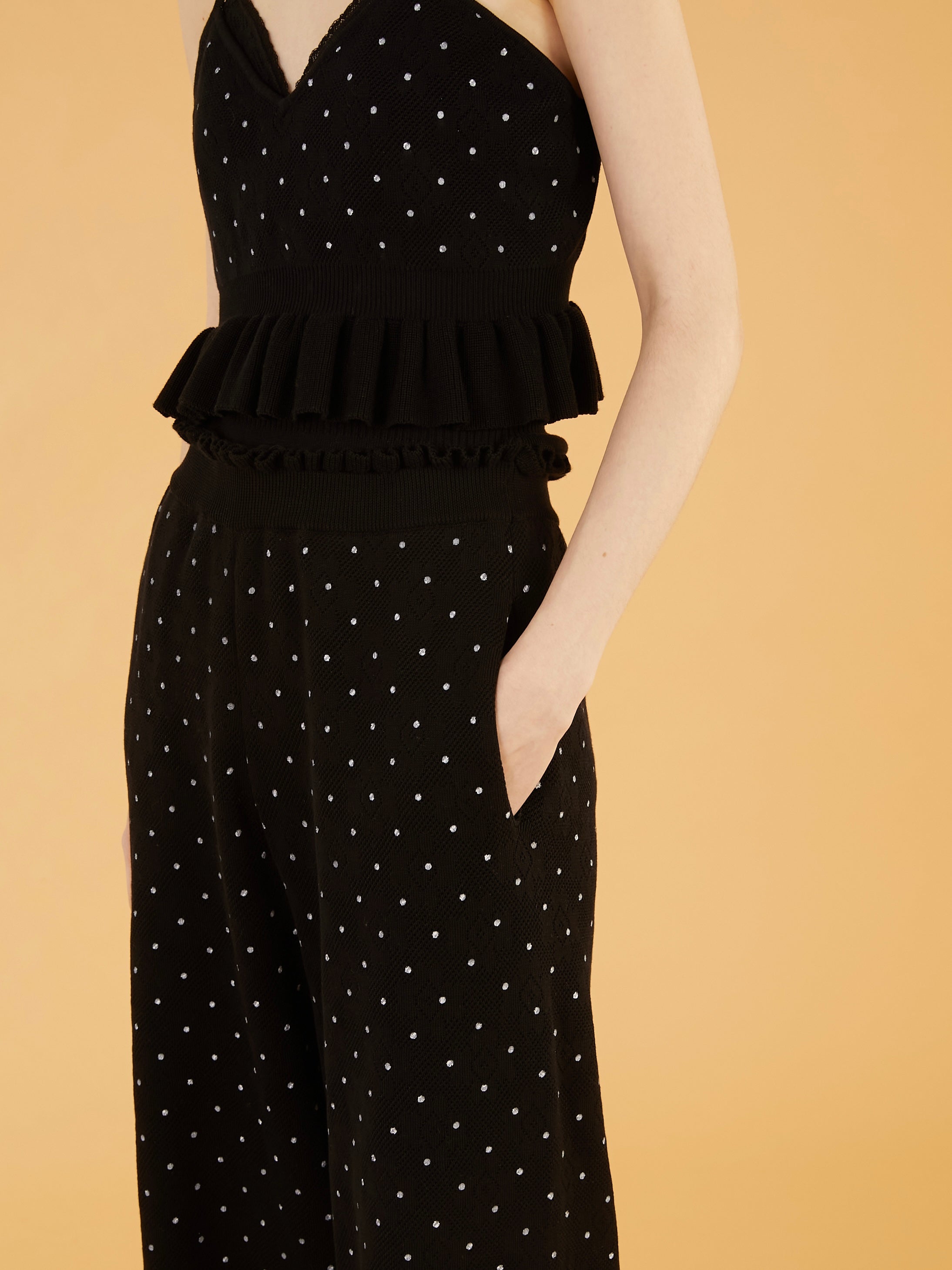 flower Jacquard dot pants|BLACK