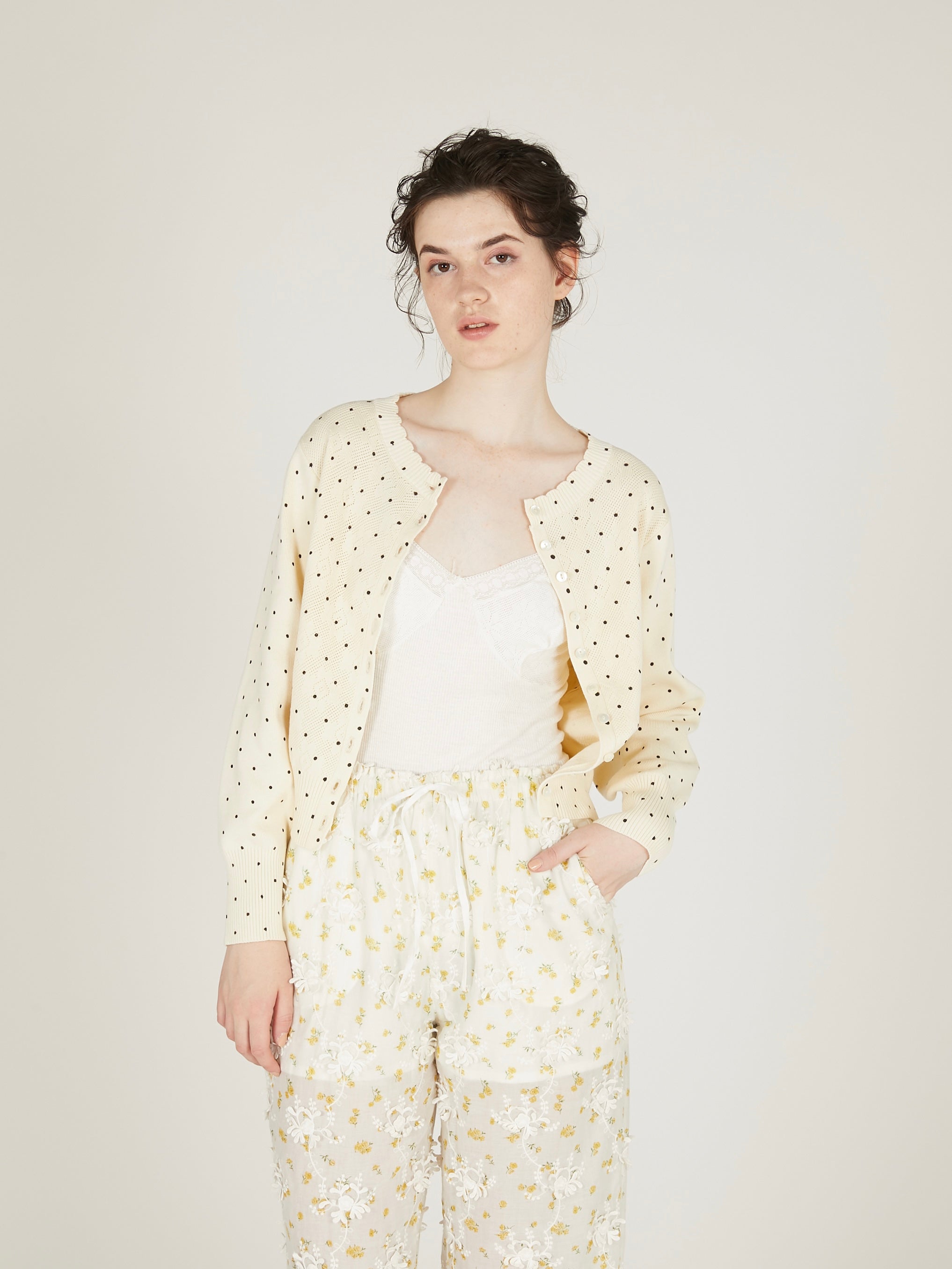 flower Jacquard dot cardigan|IVORY