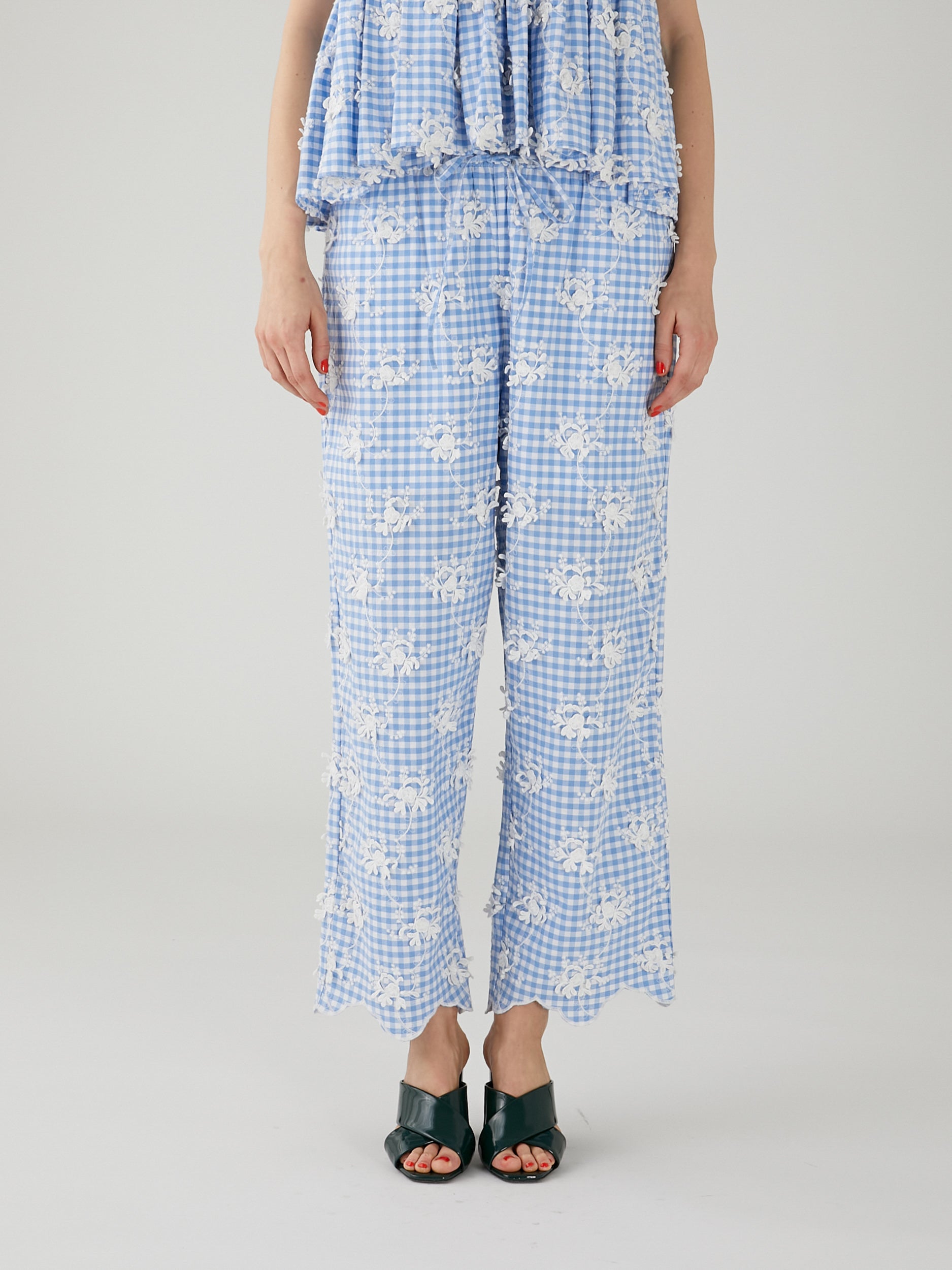 3D embroidery gingham pants | BLUE