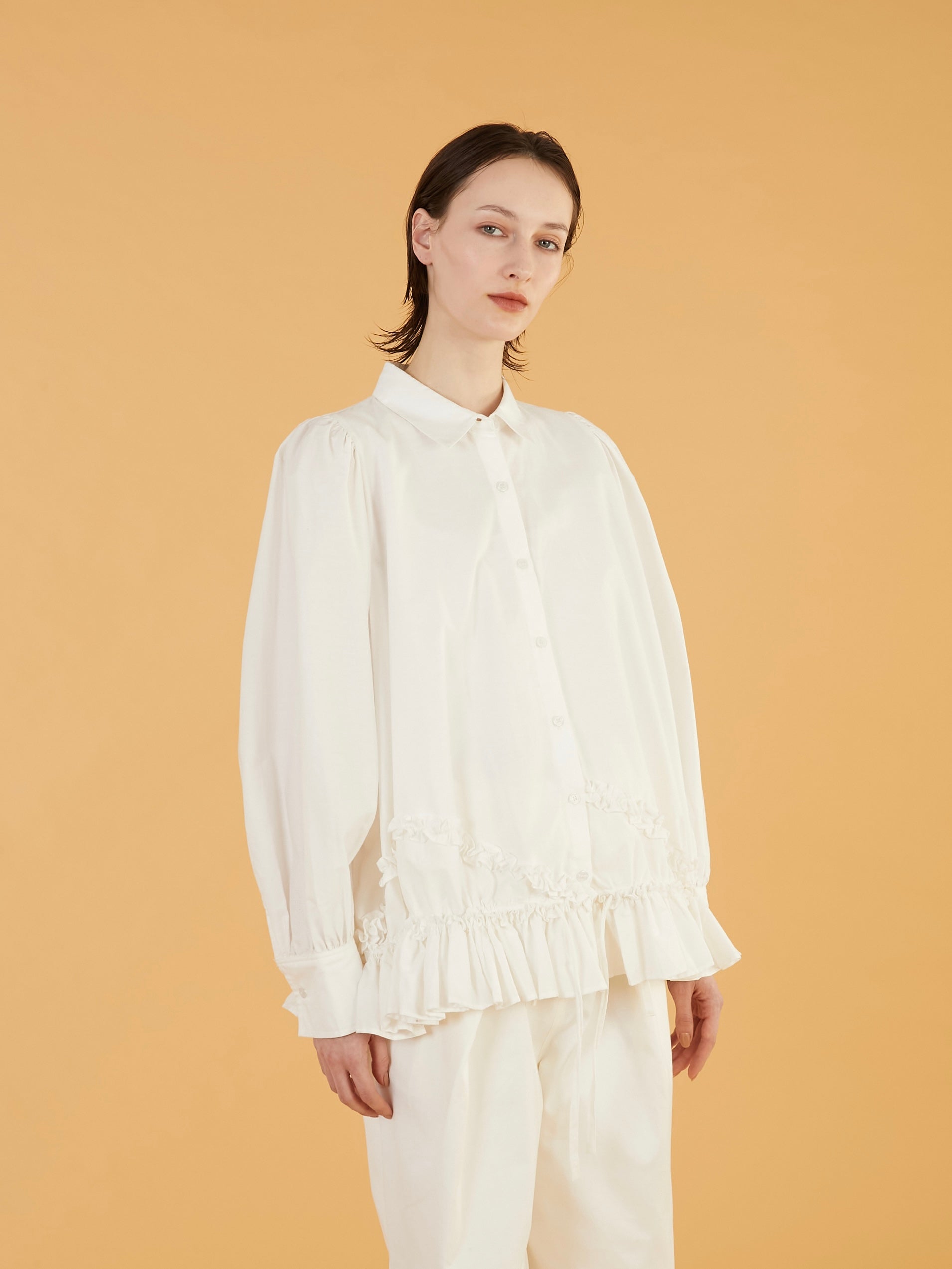 frill hem long sleeve shirts|WHITE
