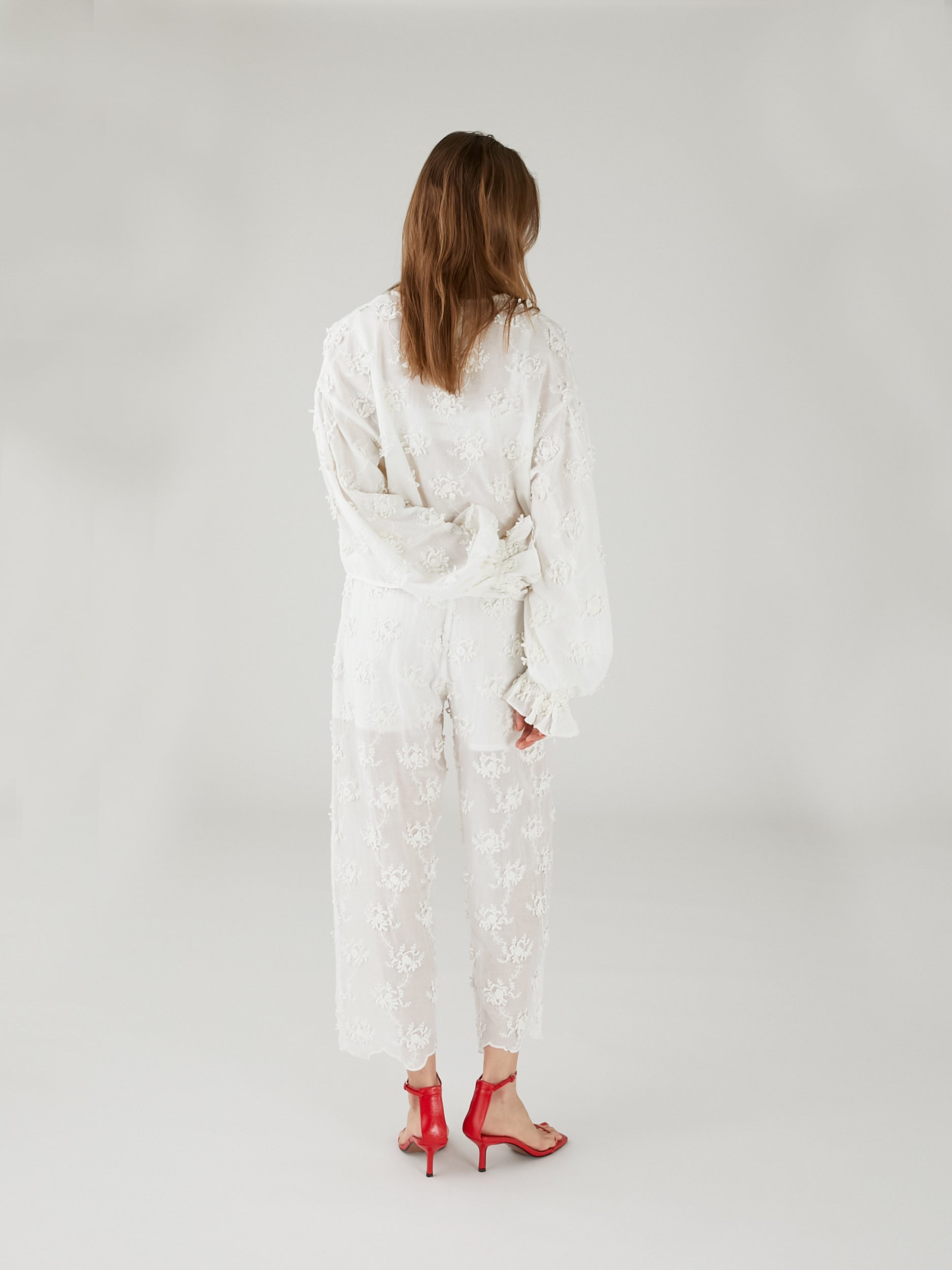 sheer cotton 3D embroidery easy pants | WHITE
