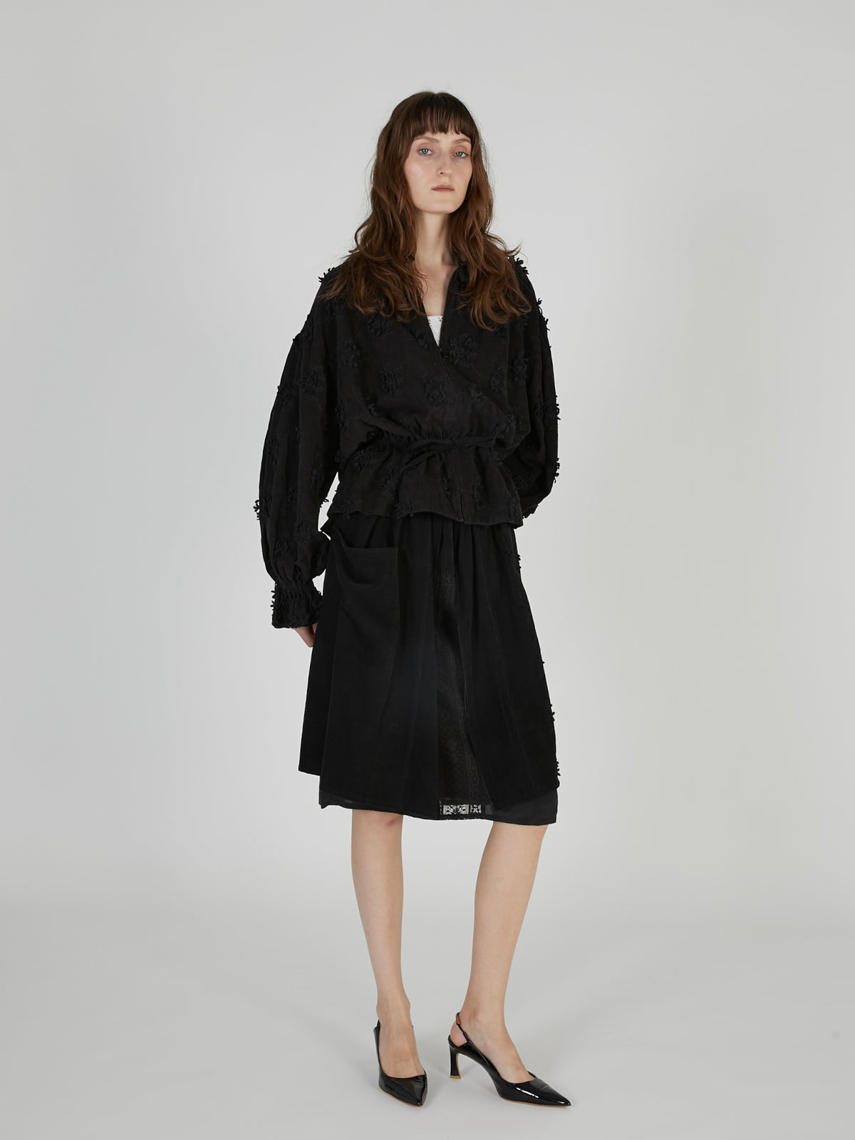 3D embroidery corduroy apron skirt|BLACK