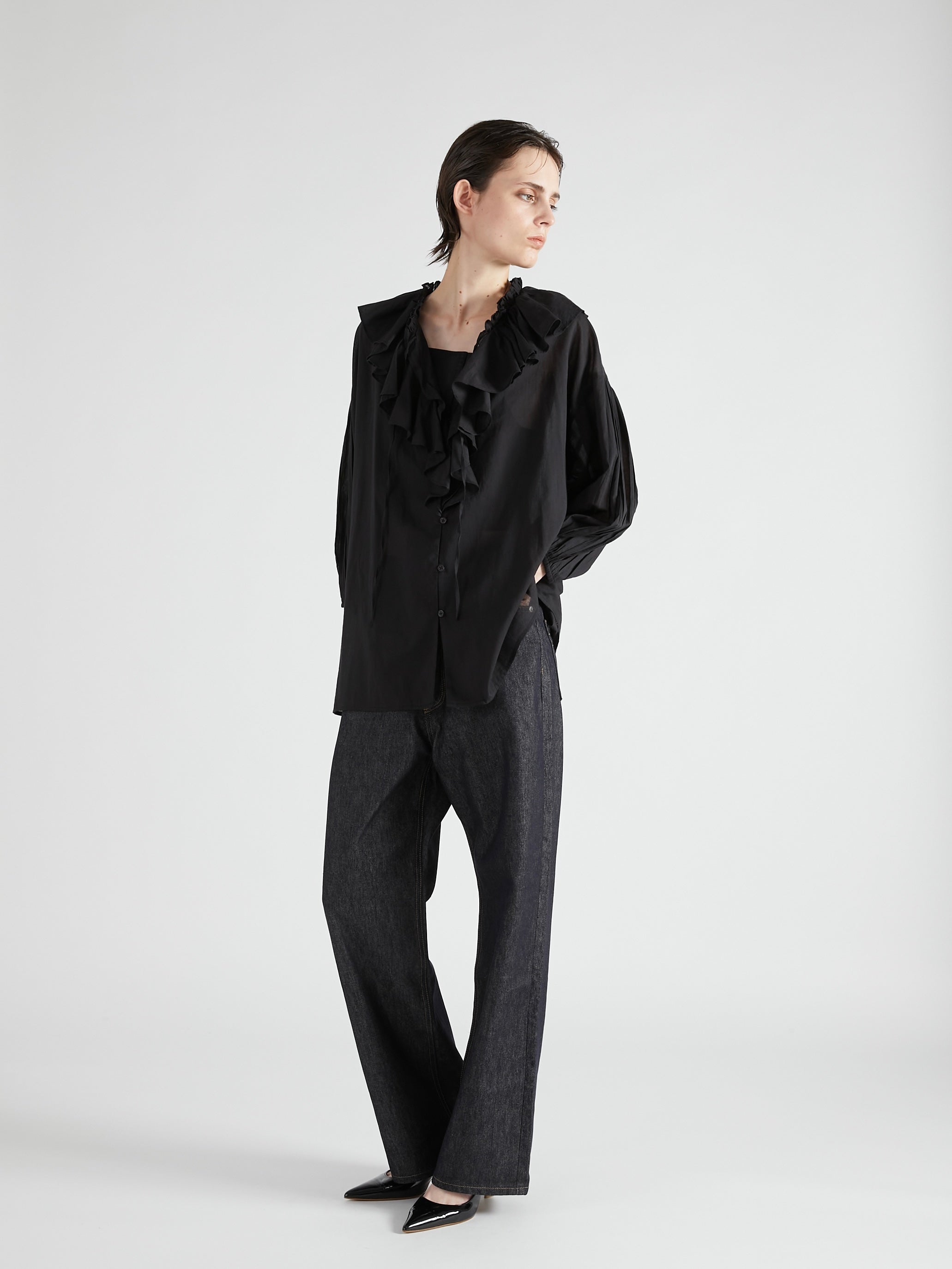 sheer ruffle blouse|BLACK