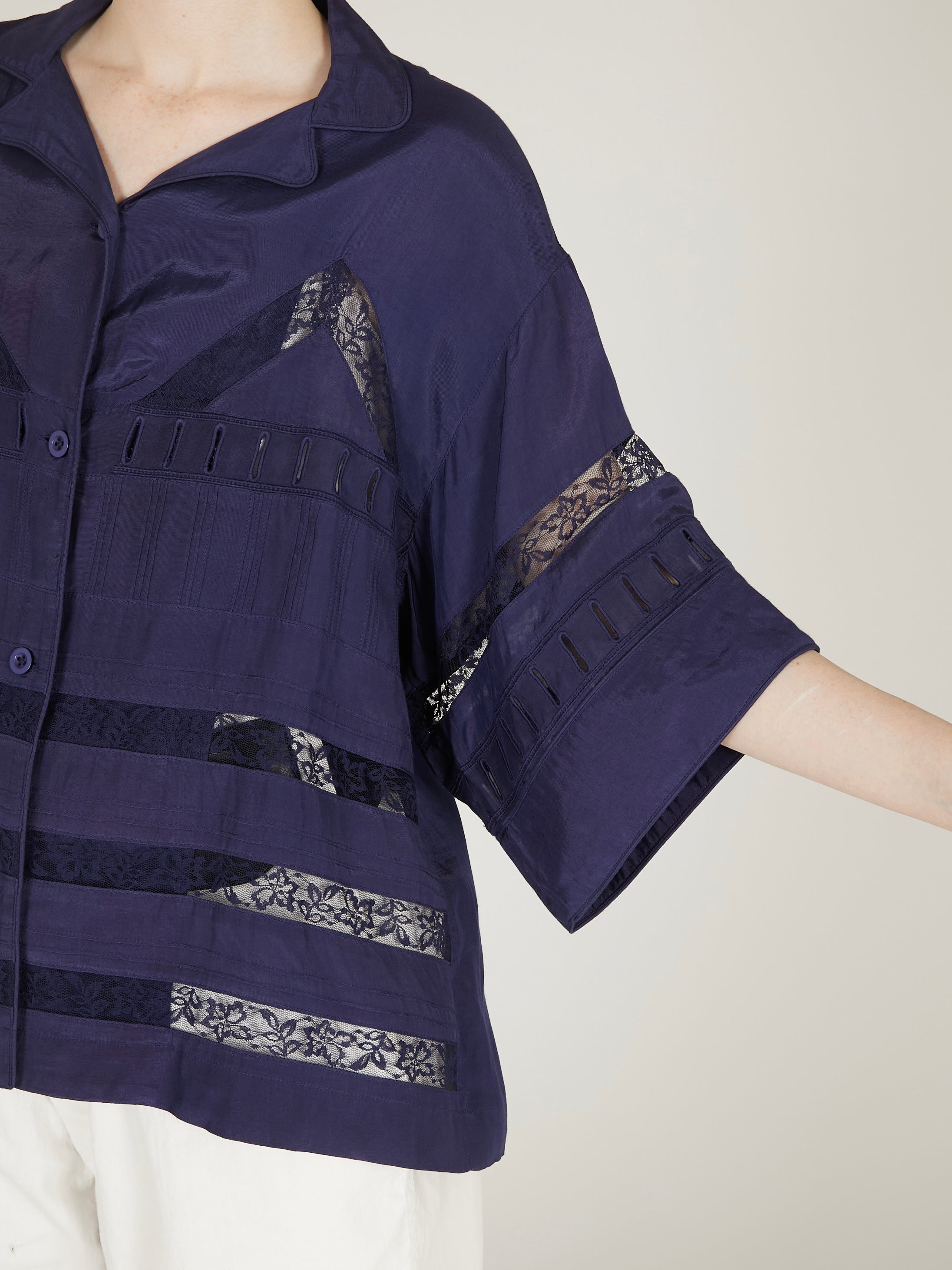 tuck lace open collar shirts|NAVY