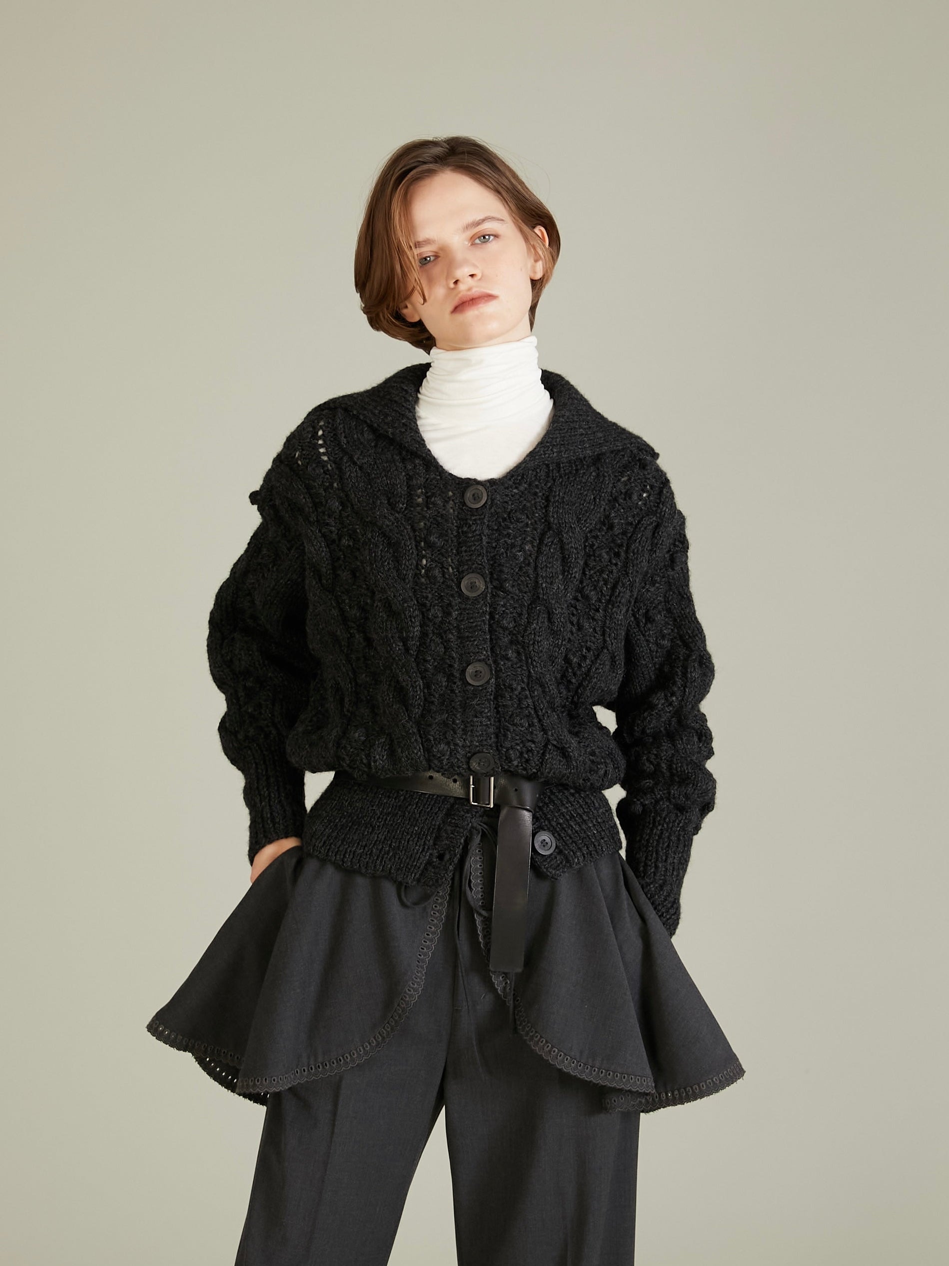 popcorn hand knit cardigan|CHARCOAL GRAY