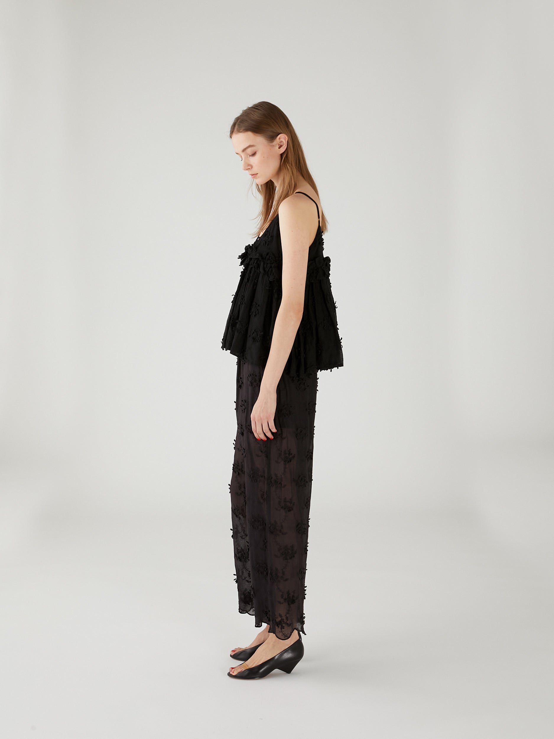 sheer cotton 3D embroidery easy pants | BLACK