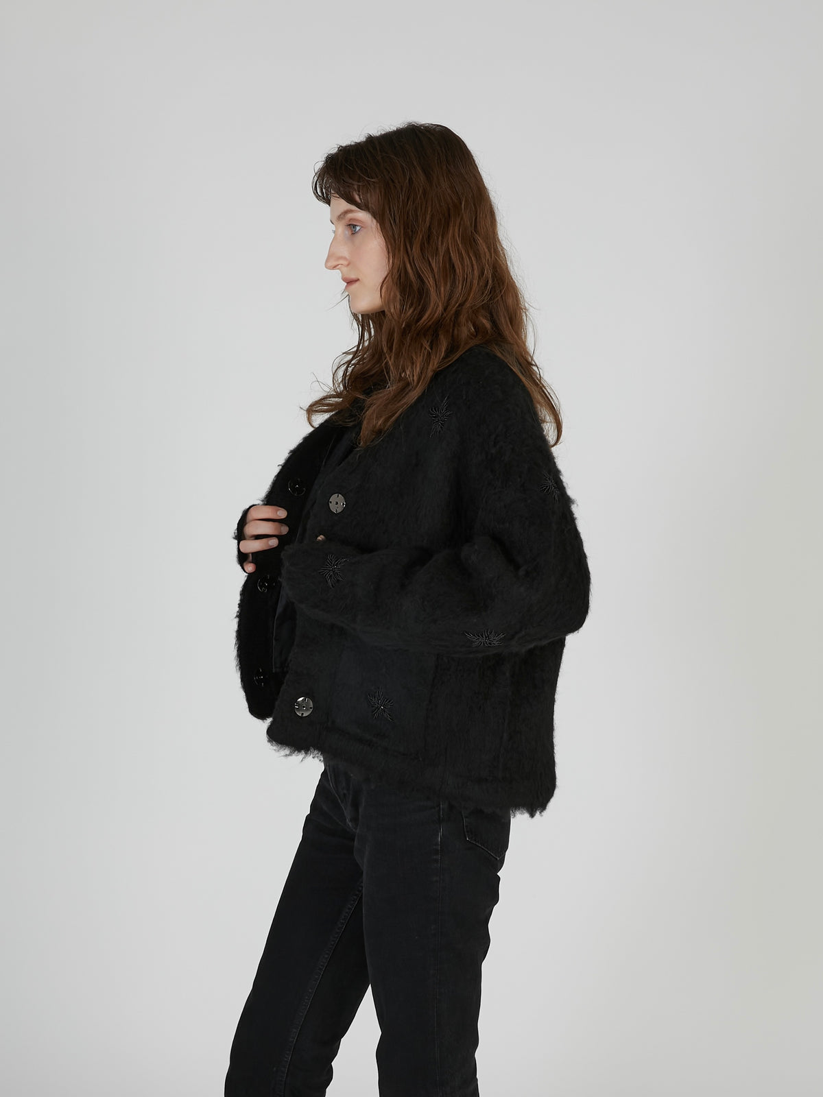 shaggy beads knit jacket|BLACK