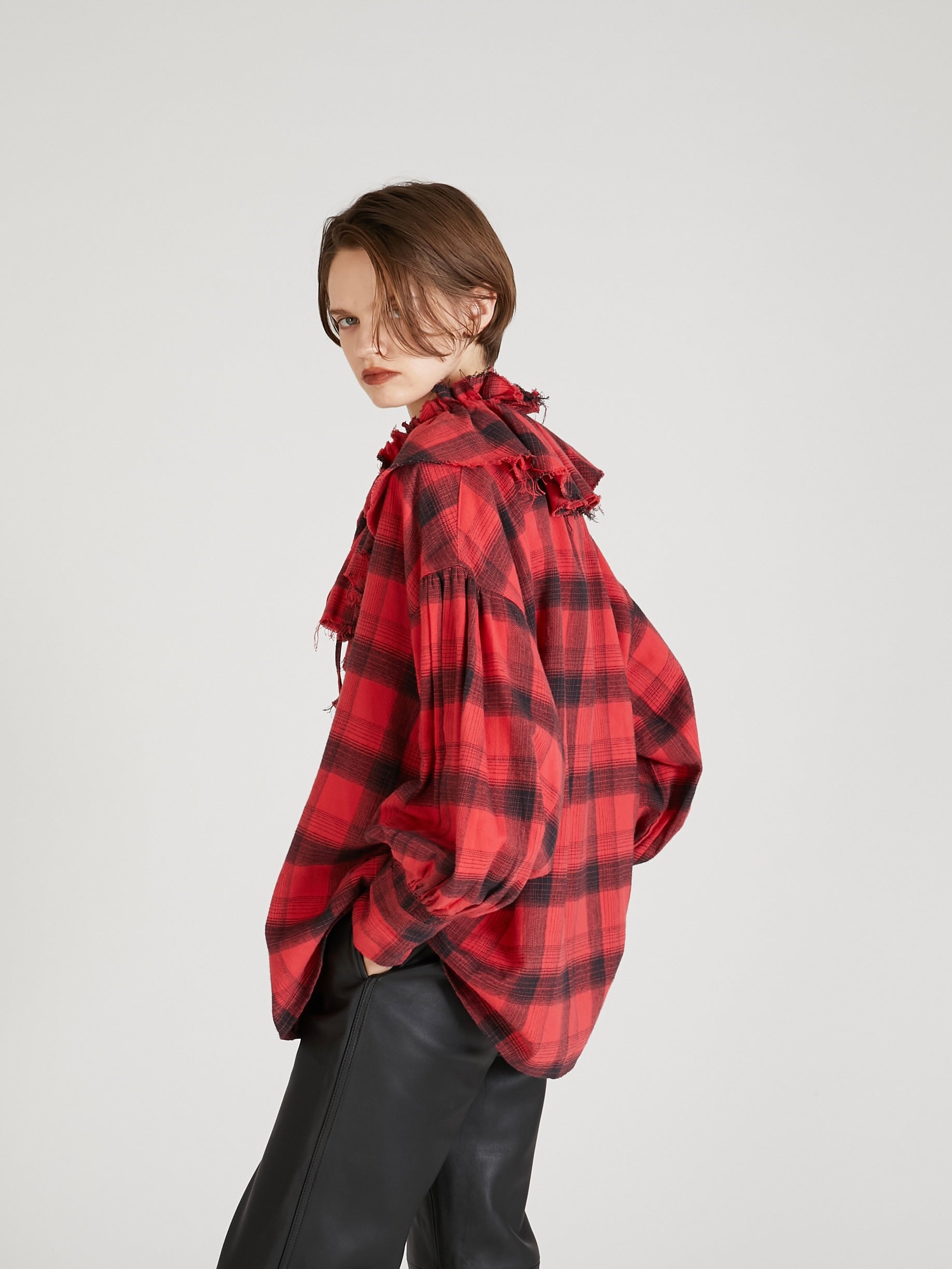 nel check ruffle blouse|RED