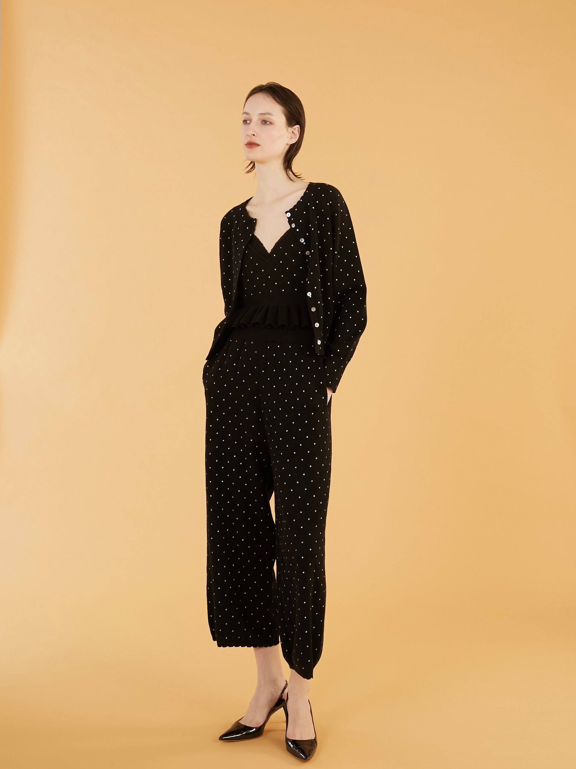 flower Jacquard dot pants|BLACK