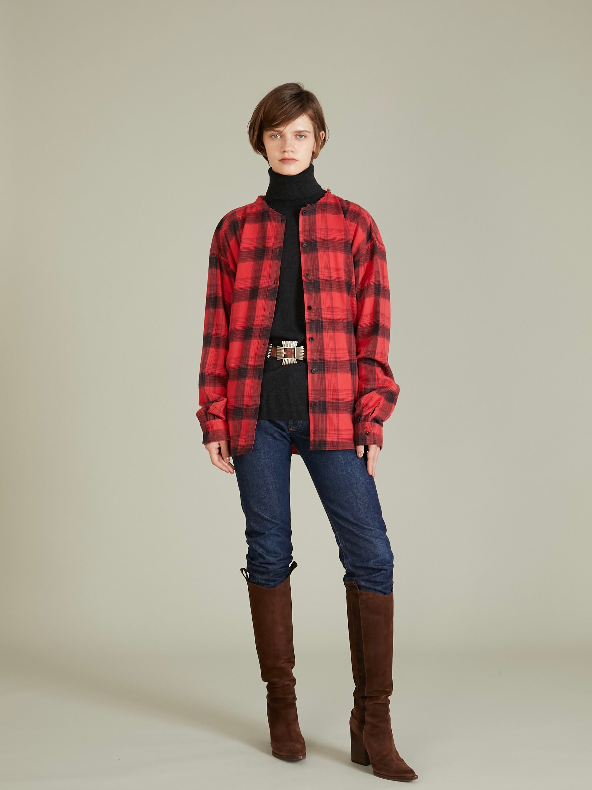 nel check shirt bustier|RED