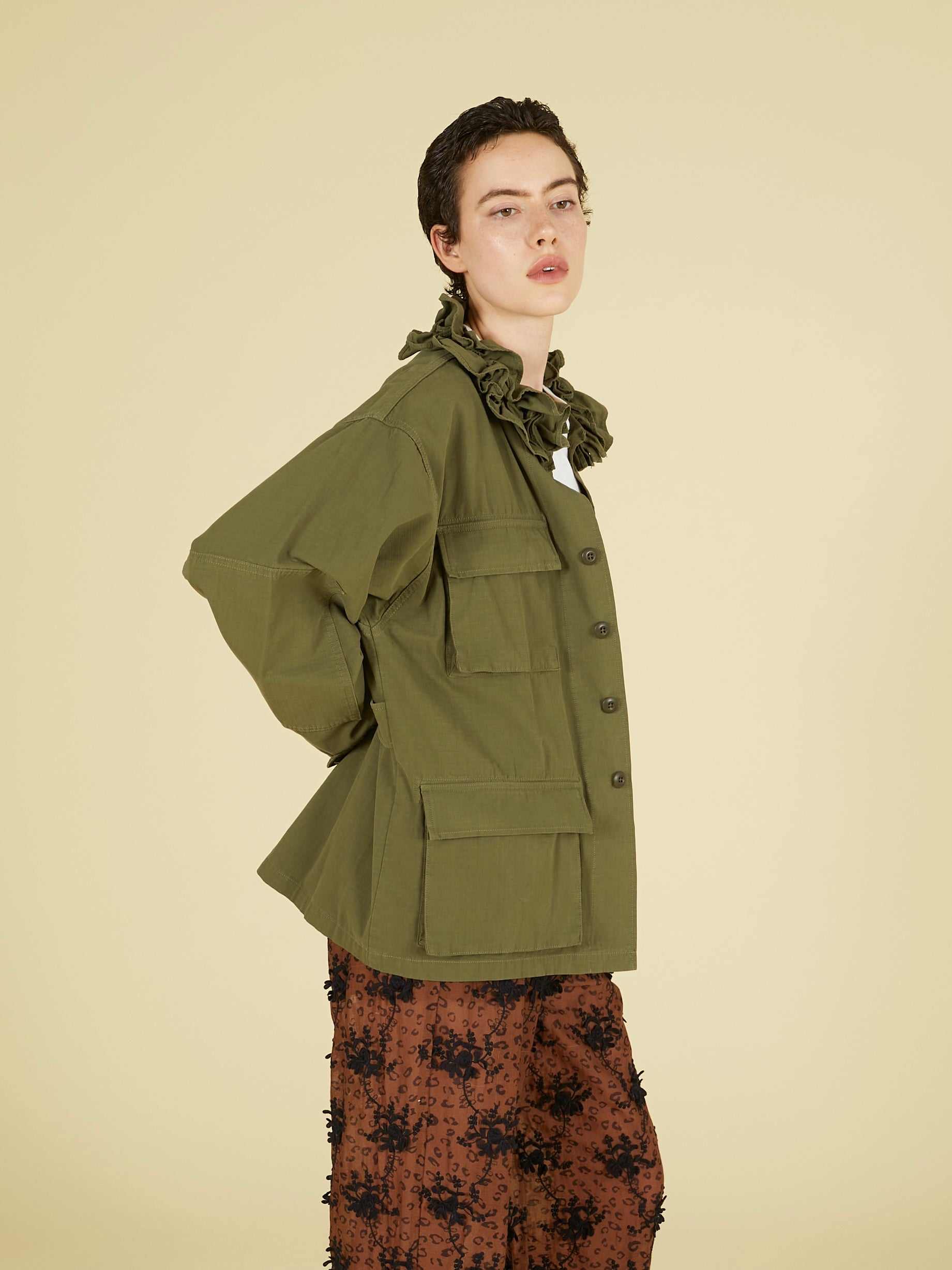 frill collar military jacket|KHAKI