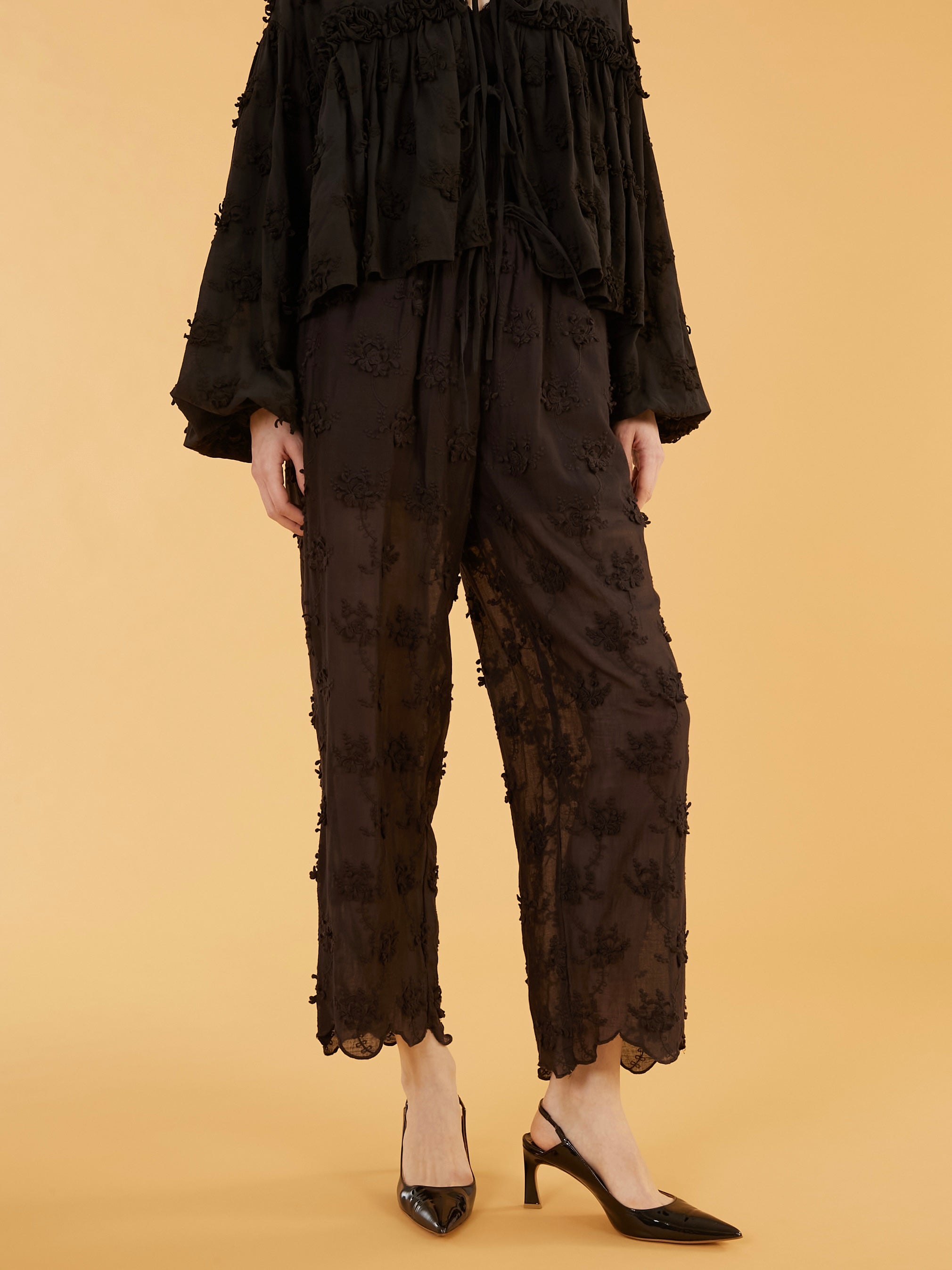 sheer cotton 3D embroidery easy pants|BLACK