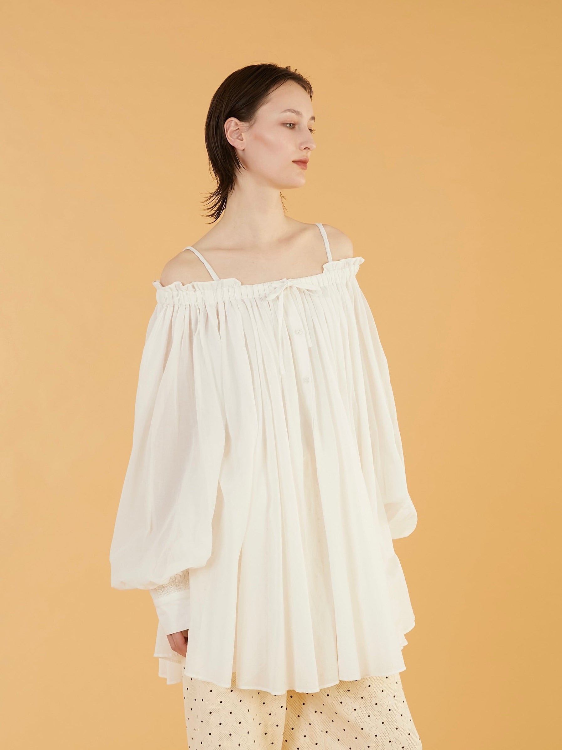 sheer gather volume blouse|WHITE
