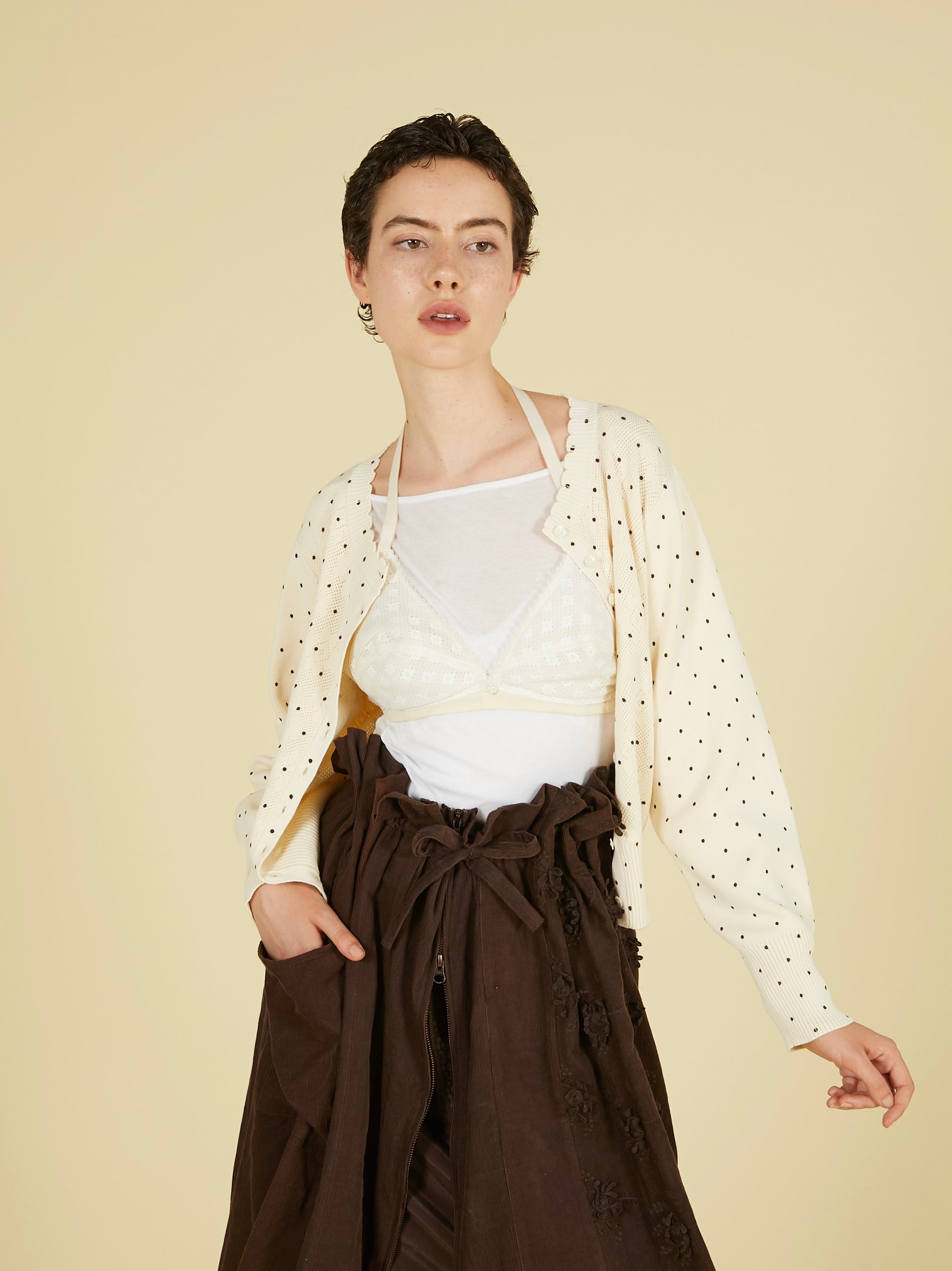flower Jacquard dot cardigan|BLACK