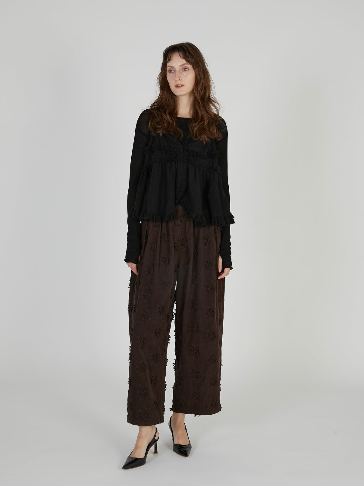 3D embroidery corduroy pants|BROWN