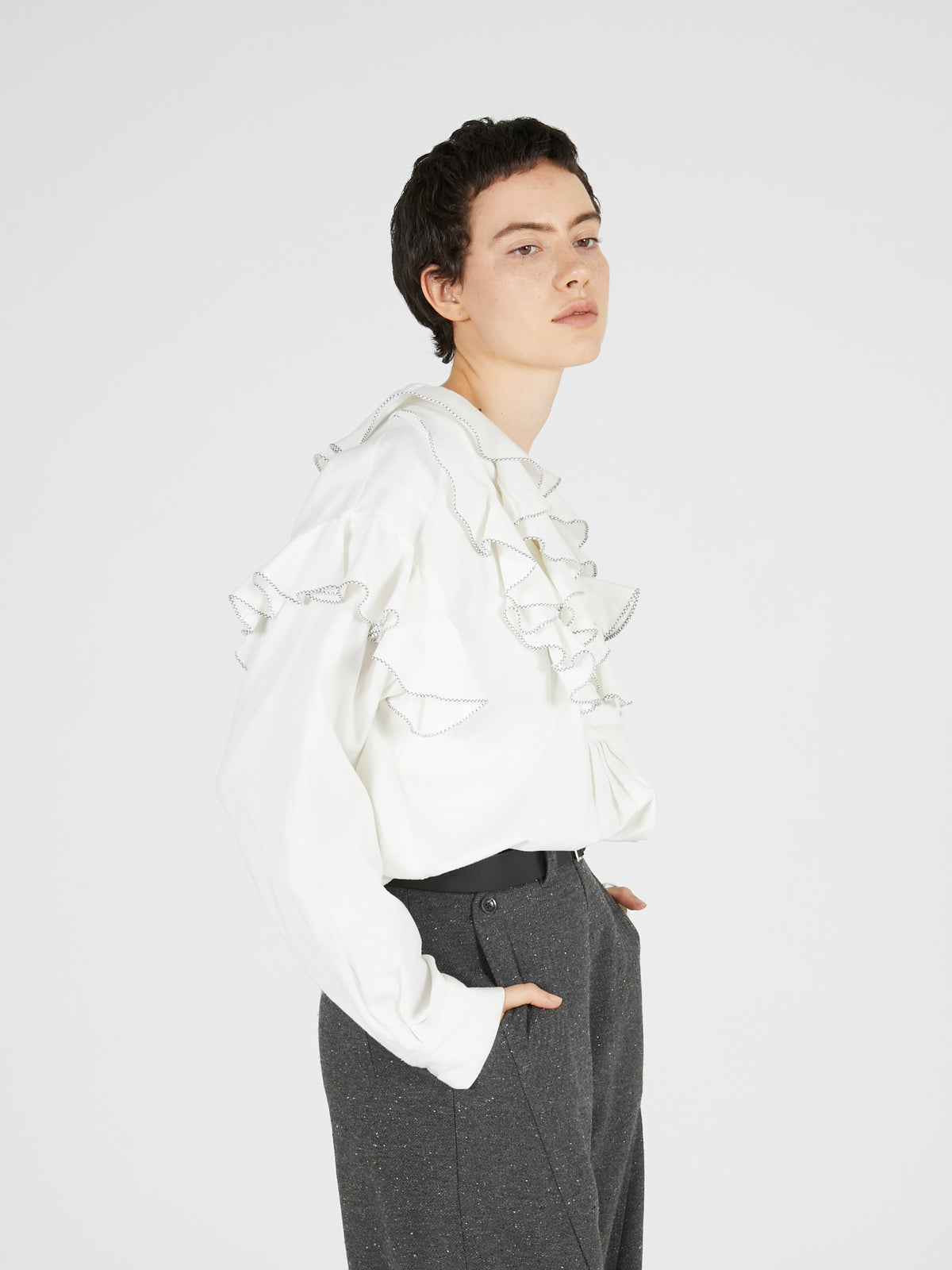 double front ruffle collar blouse|WHITE