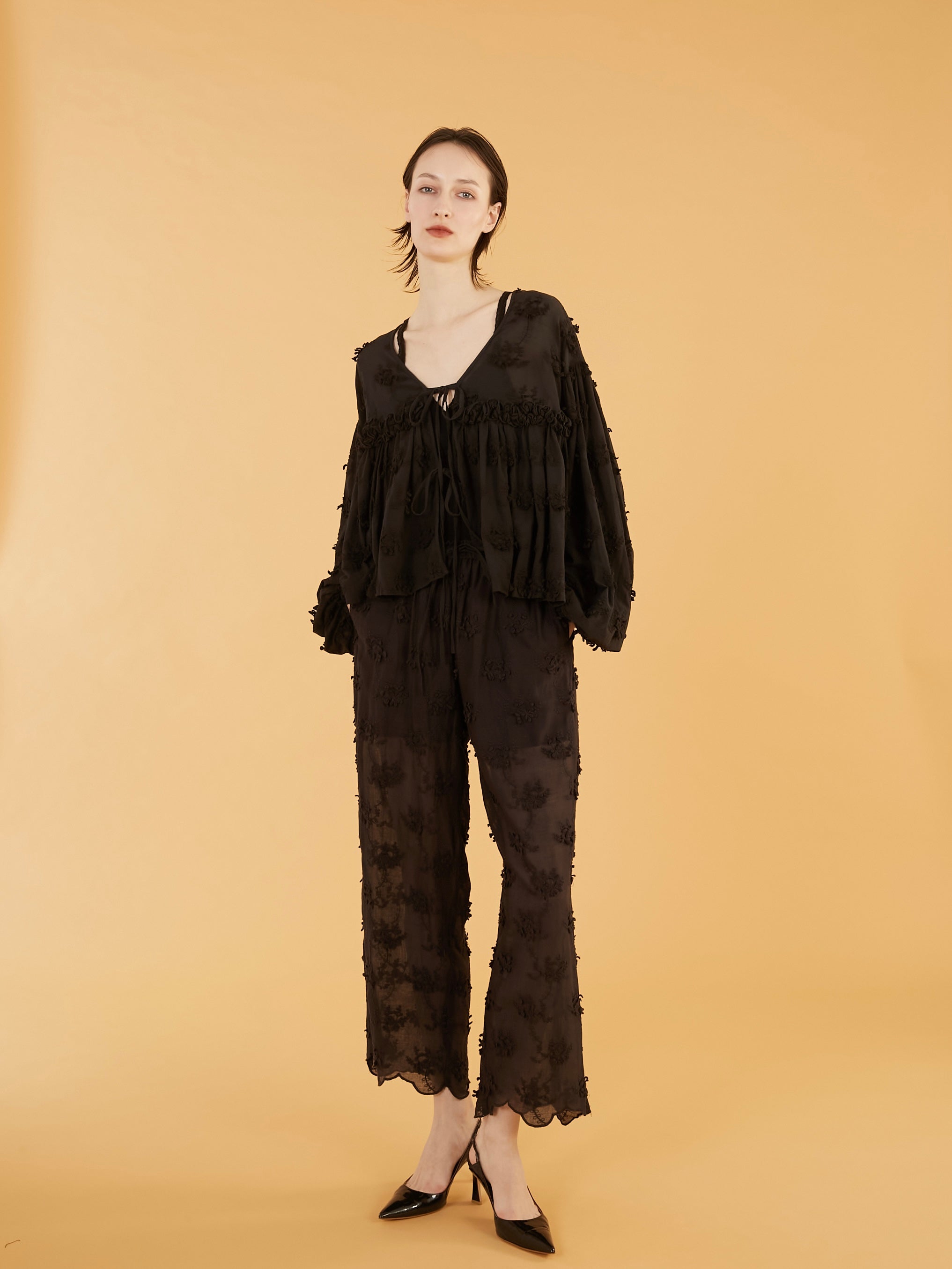 sheer cotton 3D embroidery easy pants|BLACK