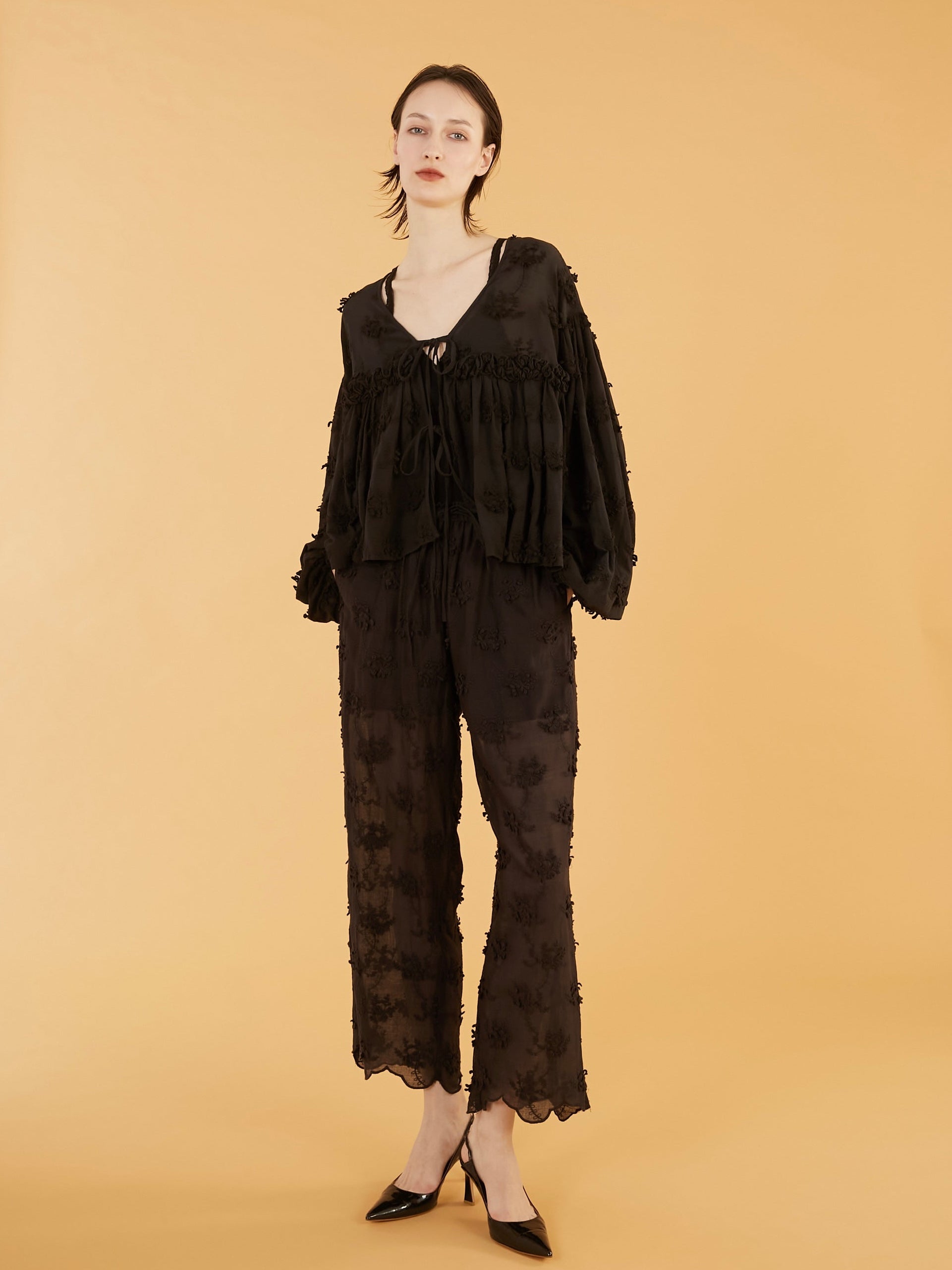 sheer cotton 3D embroidery easy pants|BLACK