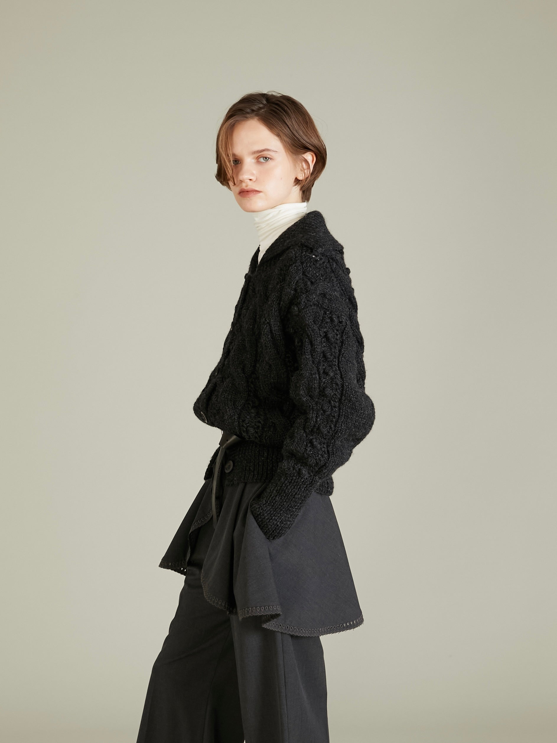 popcorn hand knit cardigan|CHARCOAL GRAY