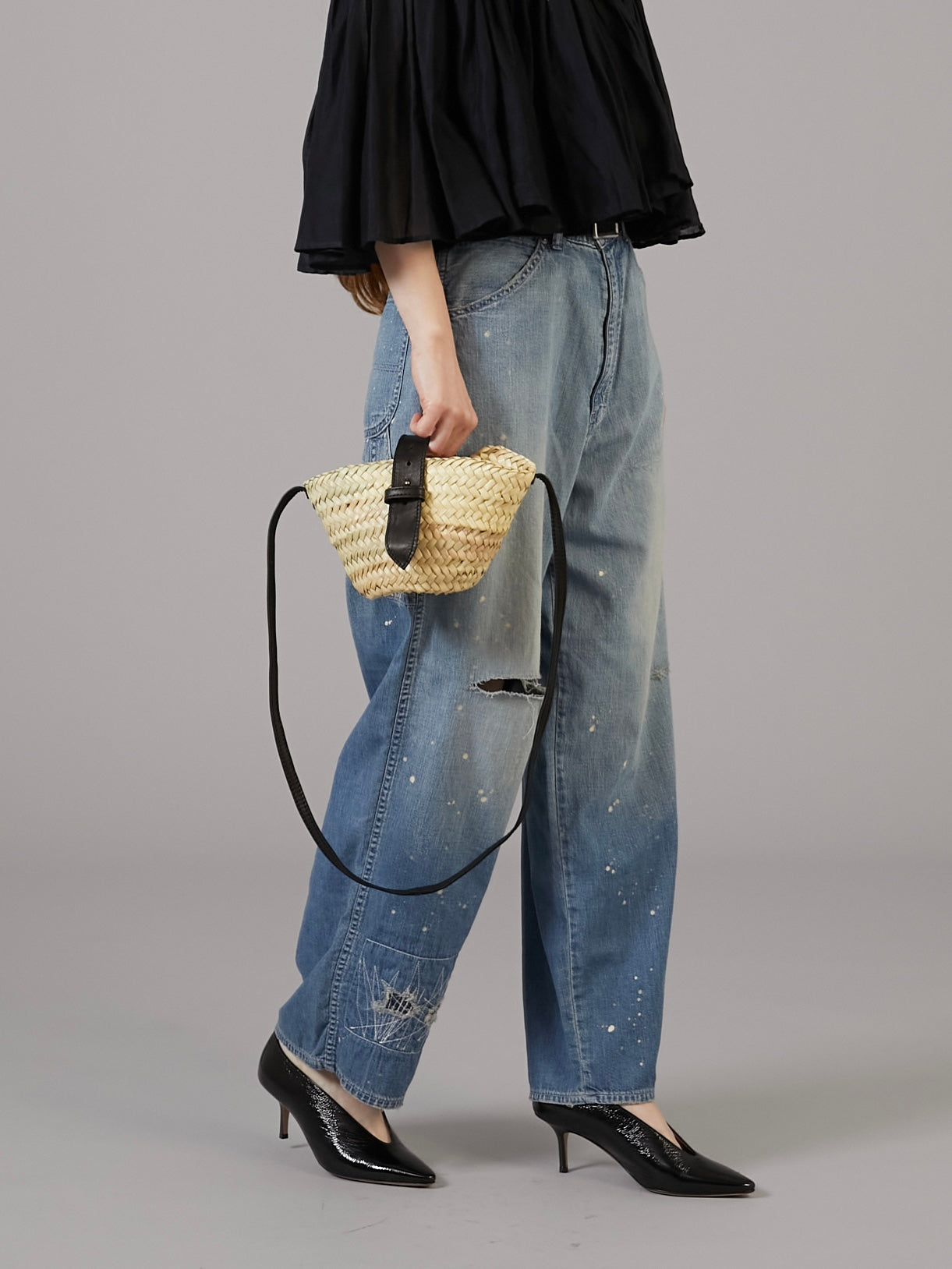 raffia leather 2way bag