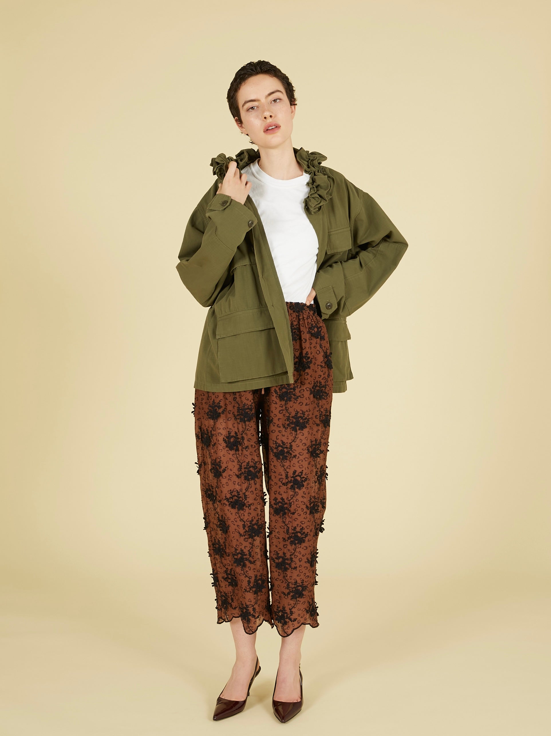 3D embroidery leopard easy pants|BROWN