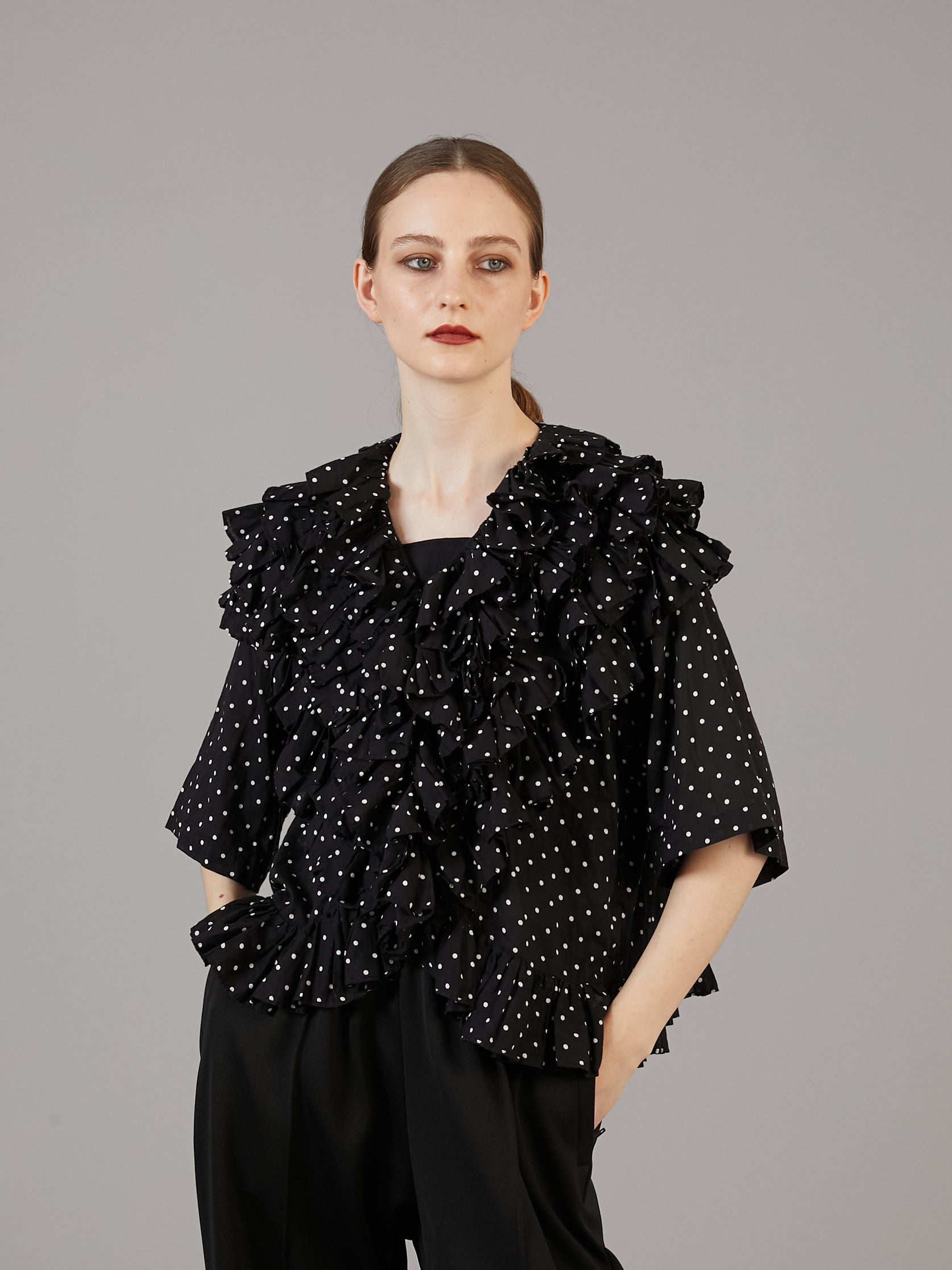 frill poncho blouse | BLACK