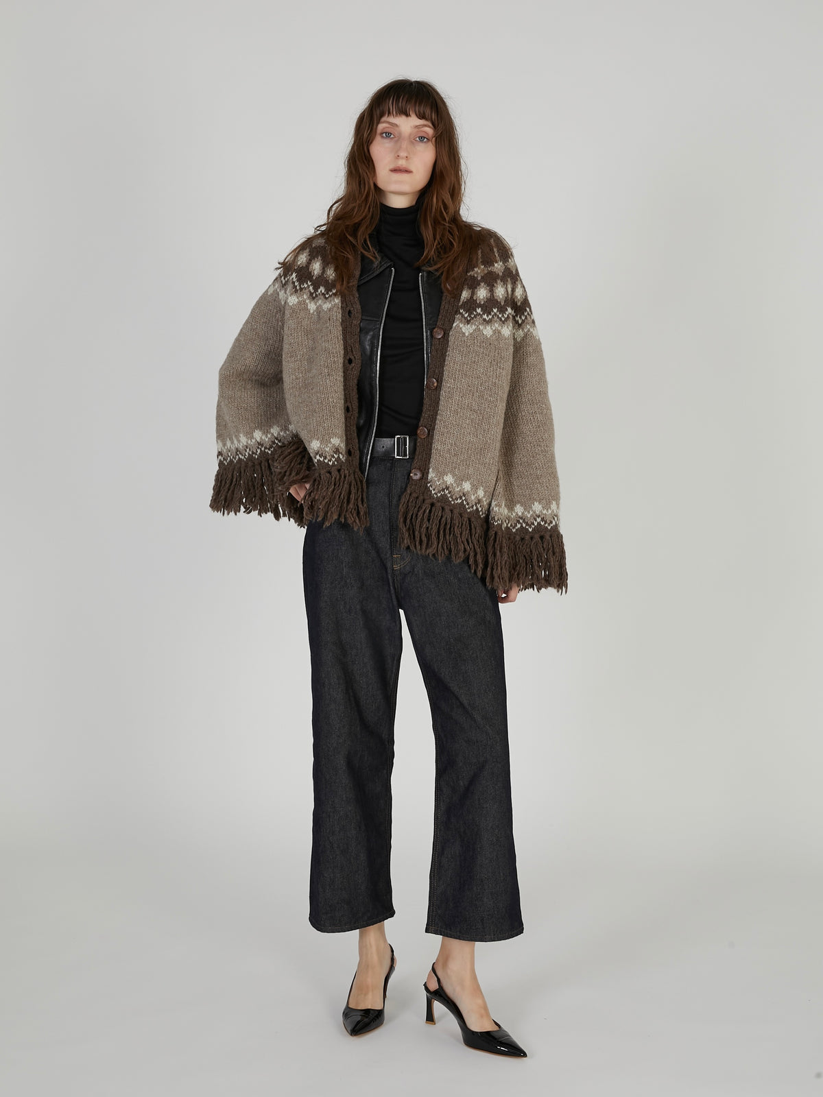 fair isle fringe hand knit cardigan|BROWN
