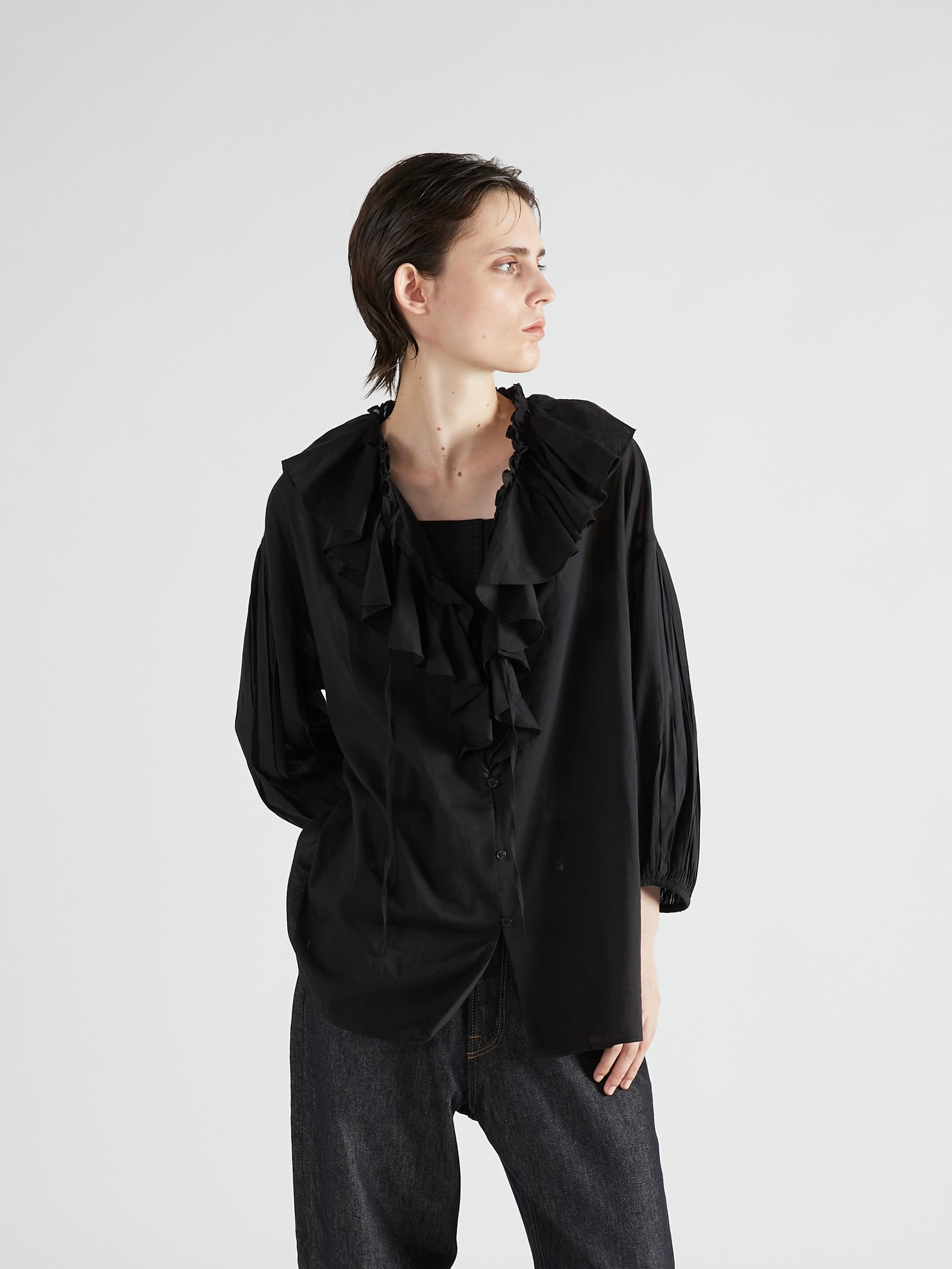 sheer ruffle blouse|BLACK