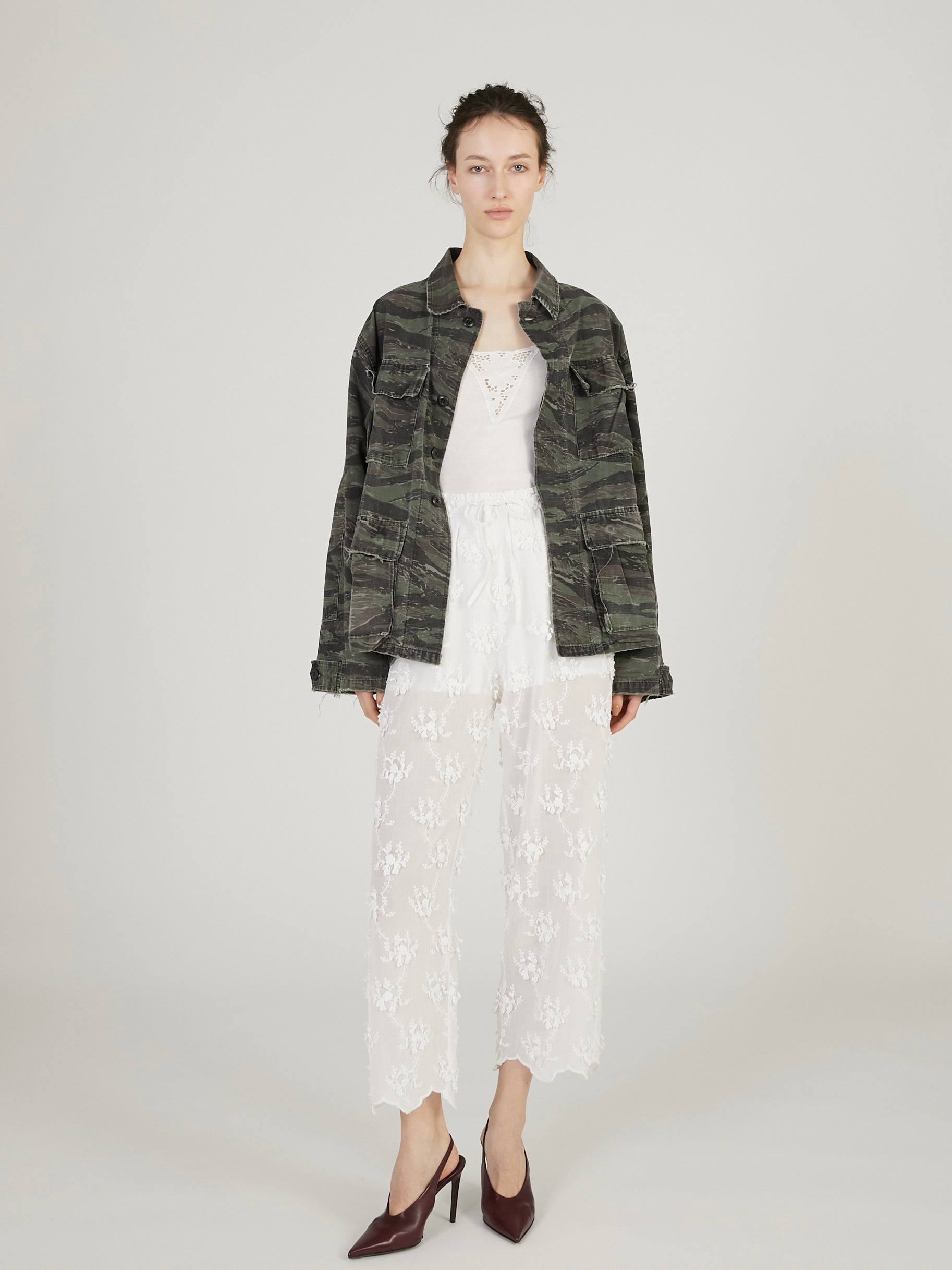 sheer cotton 3D embroidery easy pants|WHITE