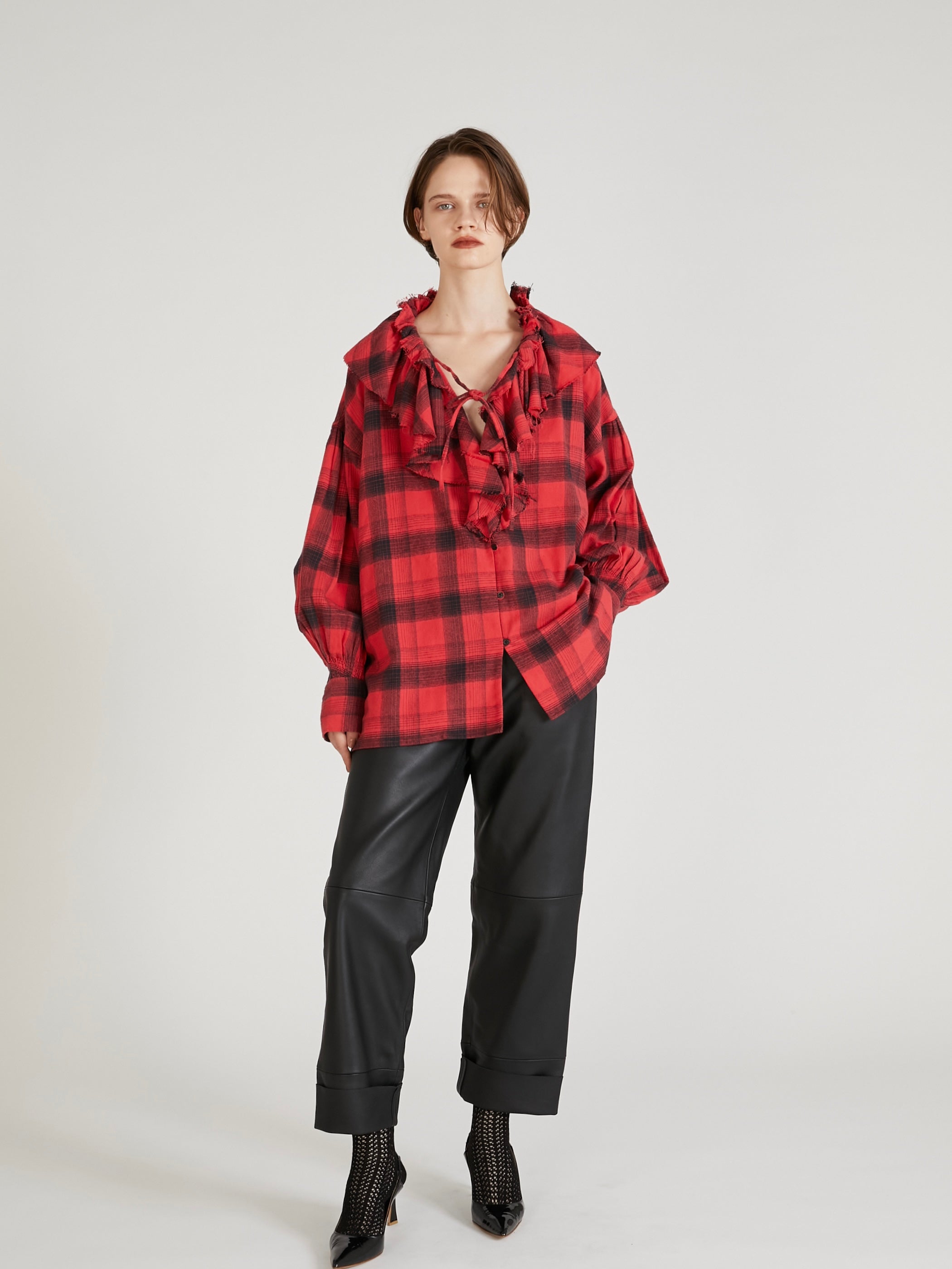 nel check ruffle blouse|RED