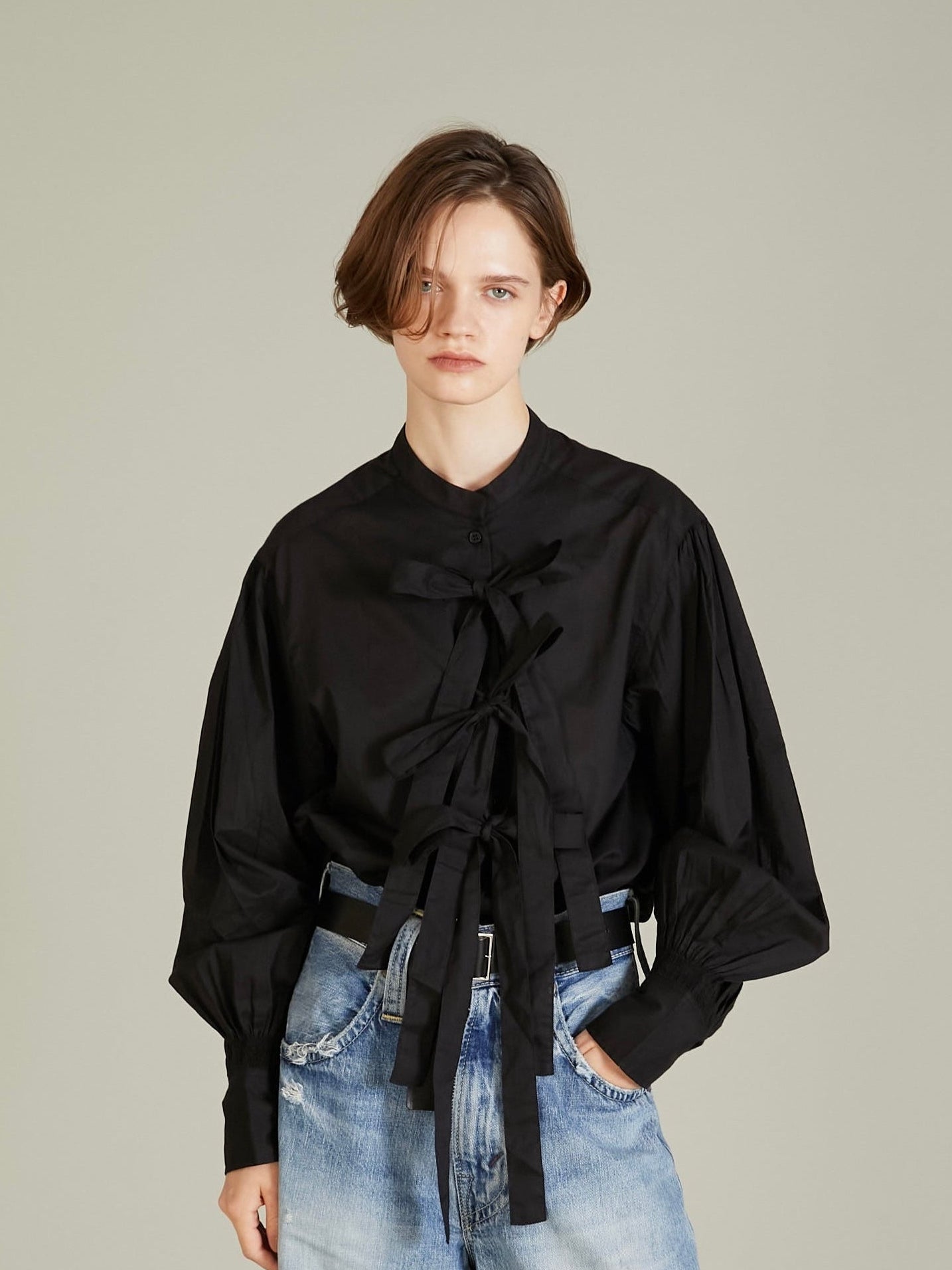 ribbon blouse|BLACK