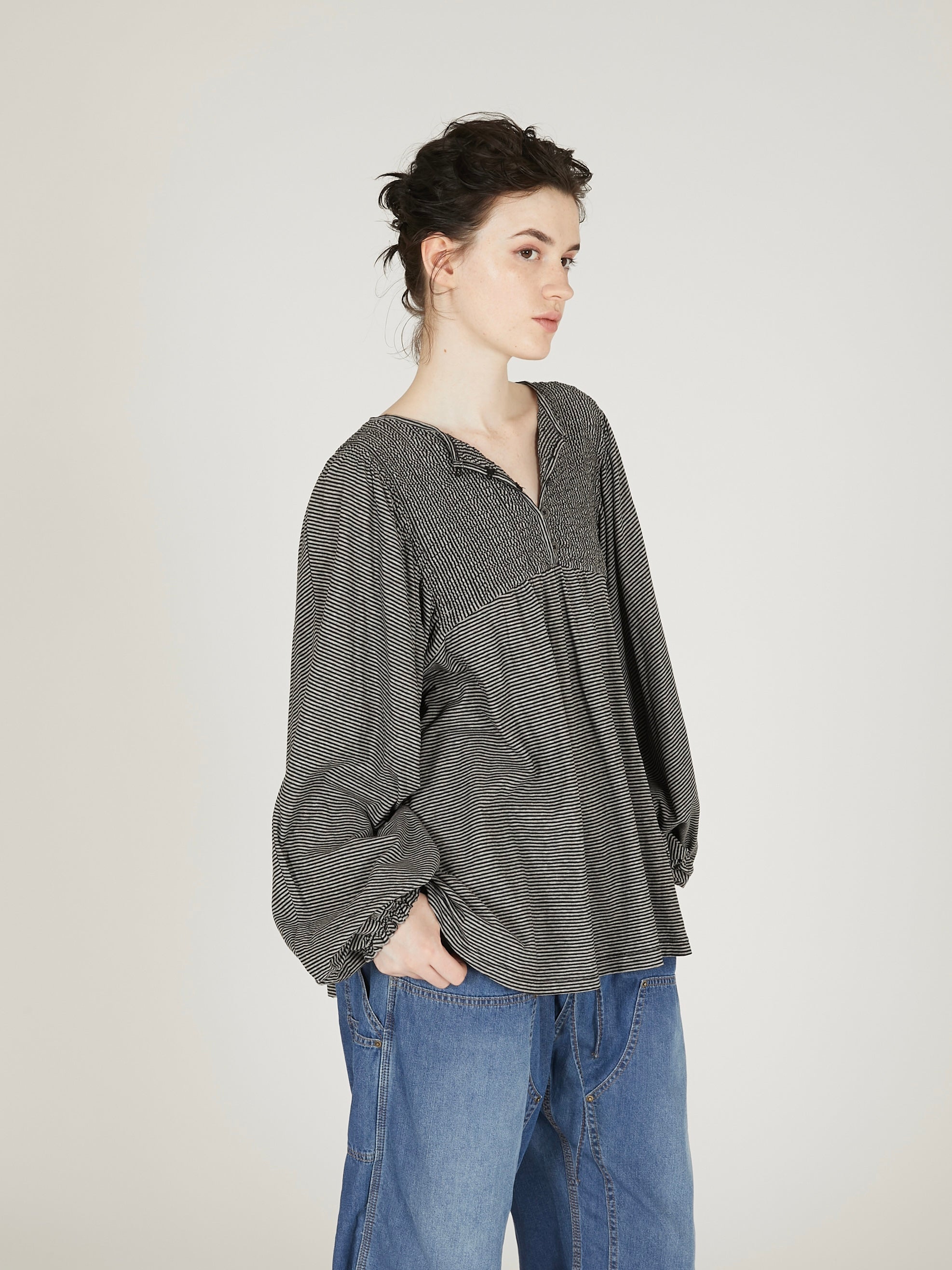 shirring border pullover|BLACK