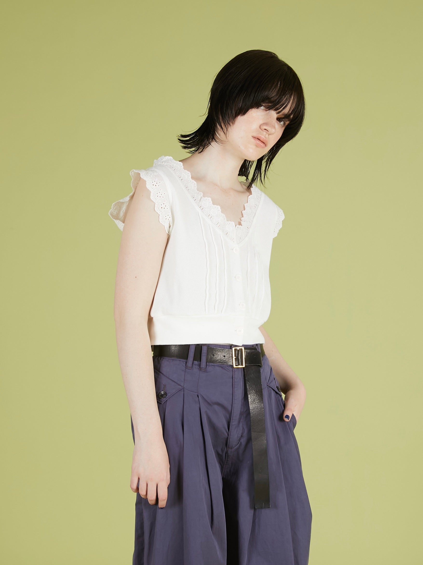 waffle frill vest|WHITE