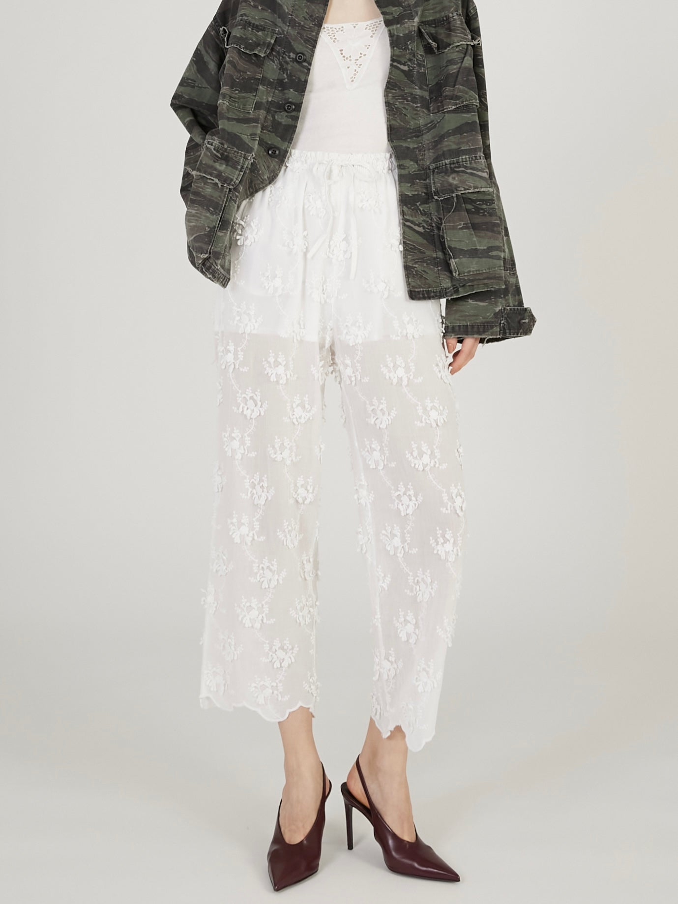 sheer cotton 3D embroidery easy pants|WHITE