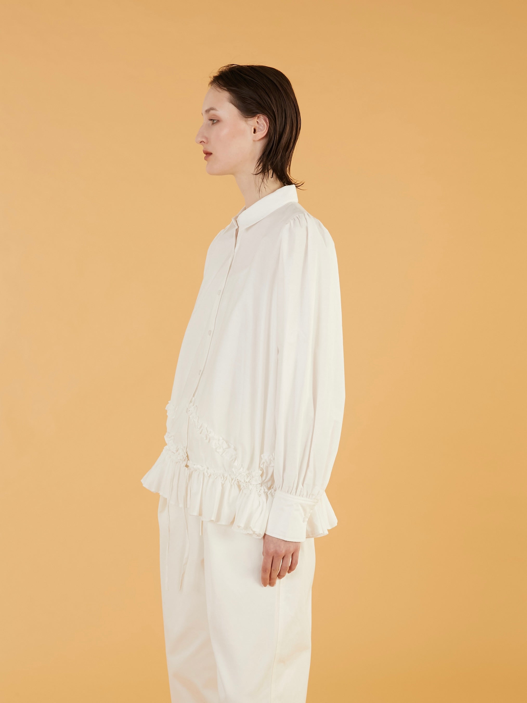 frill hem long sleeve shirts|WHITE