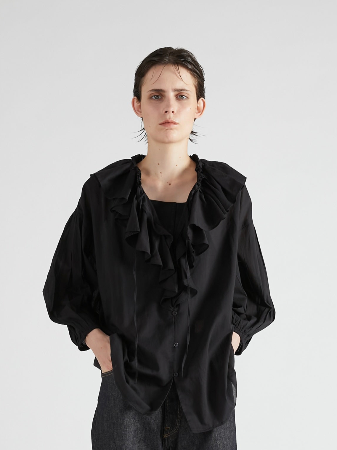 sheer ruffle blouse|BLACK