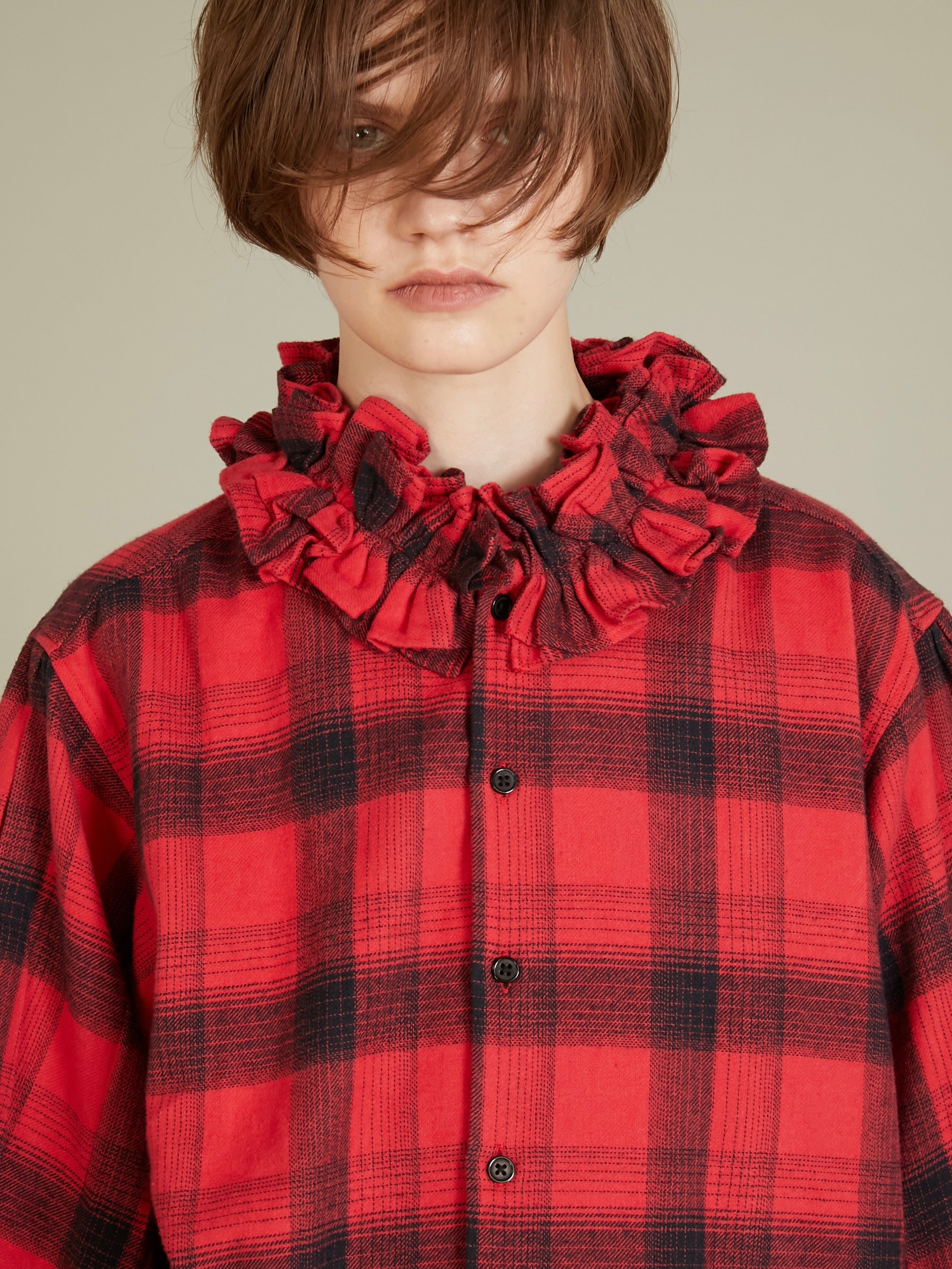 nel check frill collar shirt|RED