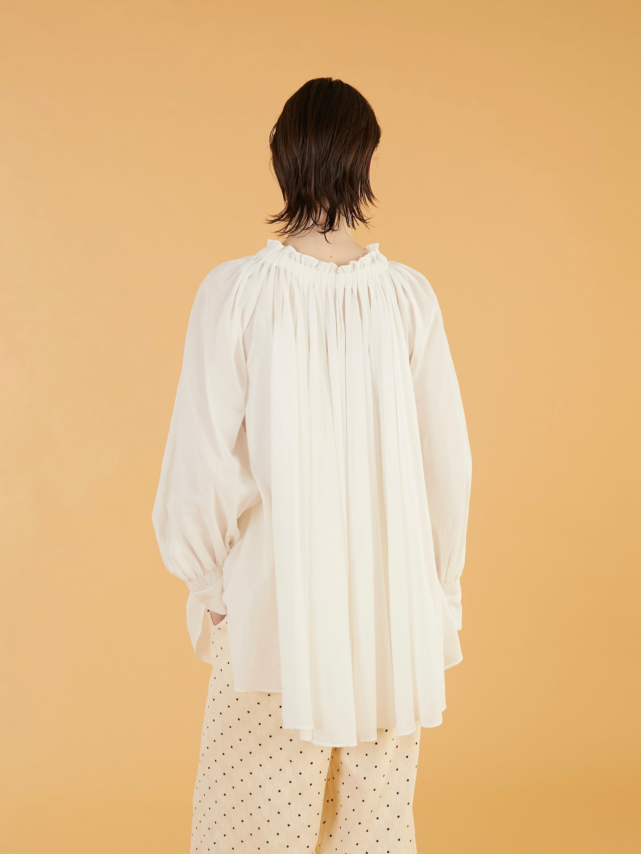sheer gather volume blouse|WHITE