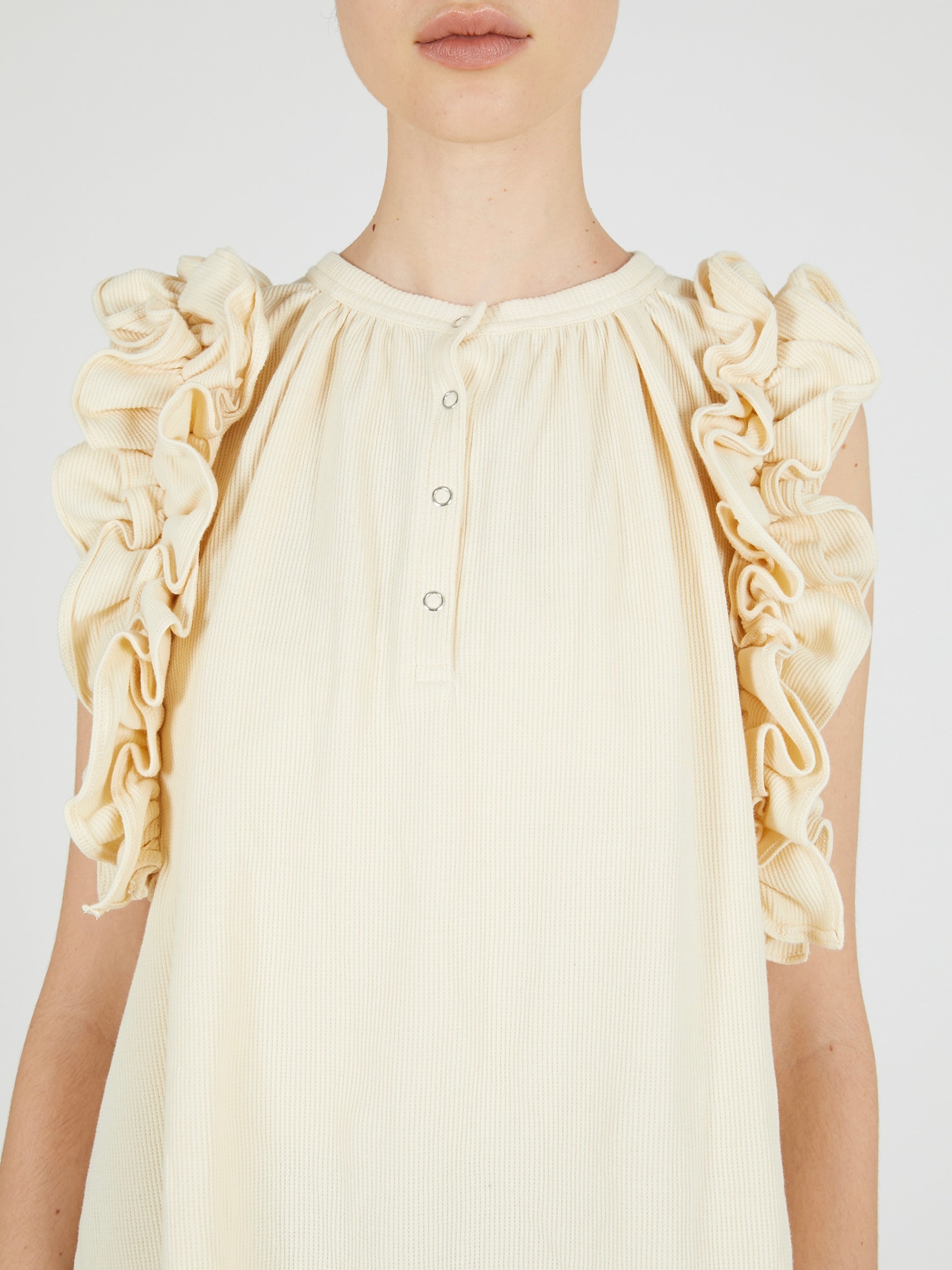 waffle frill nosleeve top|IVORY
