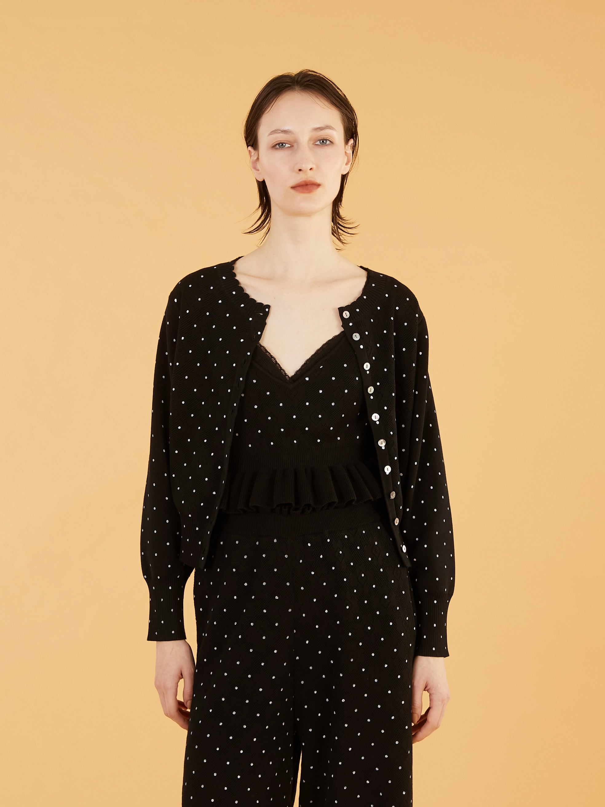 flower Jacquard dot cardigan|BLACK