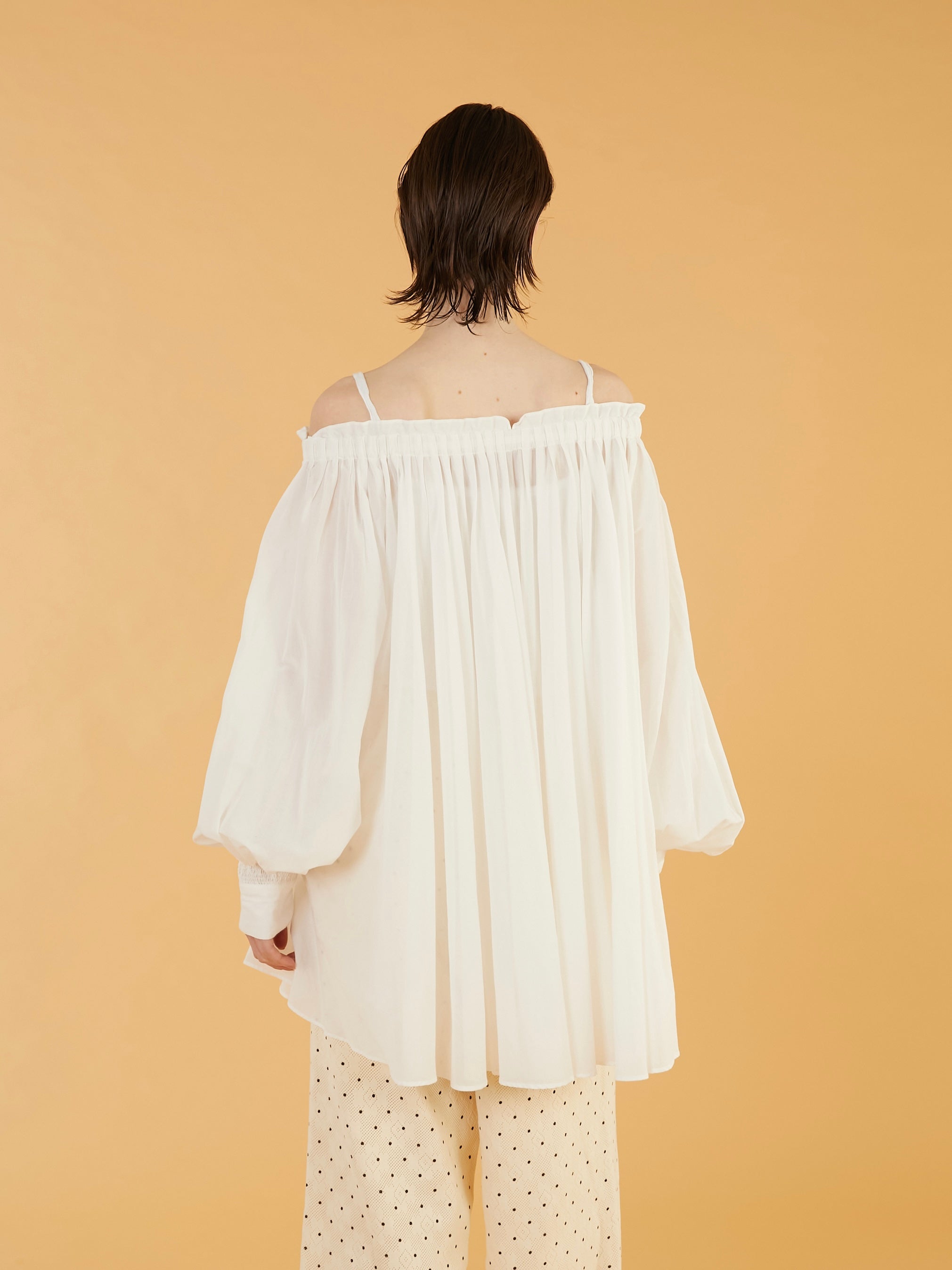 sheer gather volume blouse|WHITE