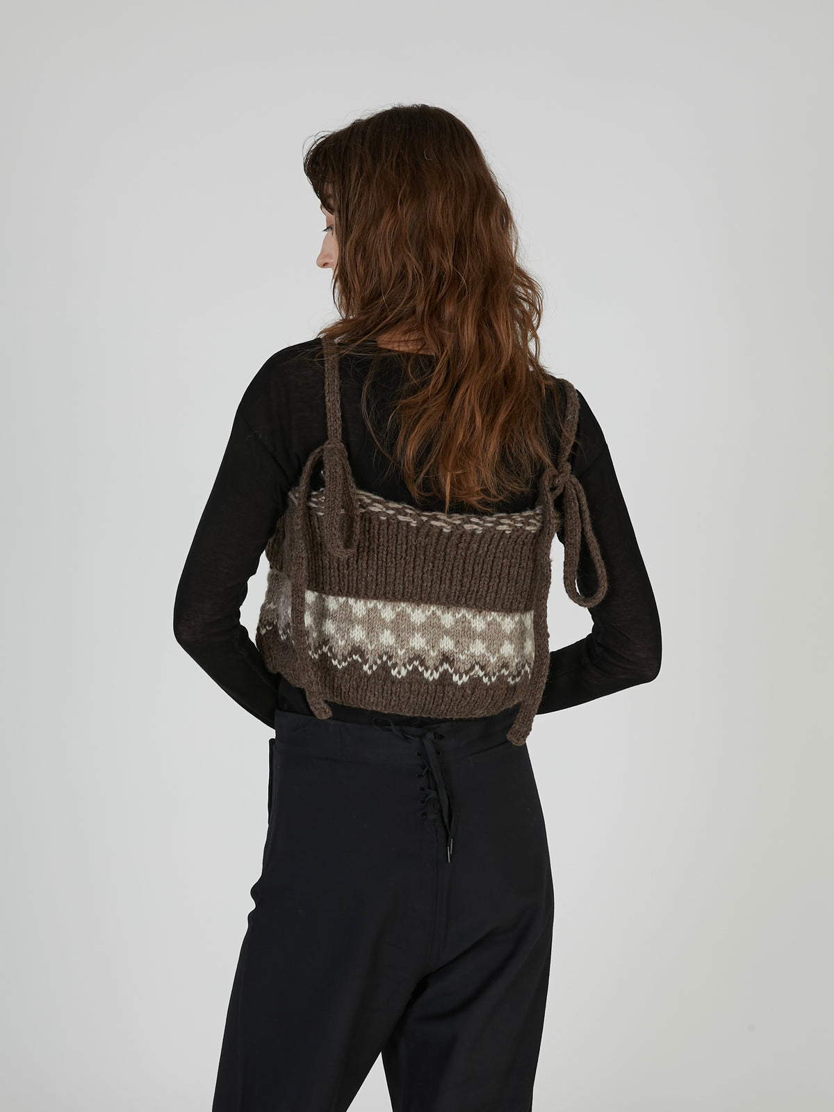 fair isle fringe hand knit bustier|BROWN