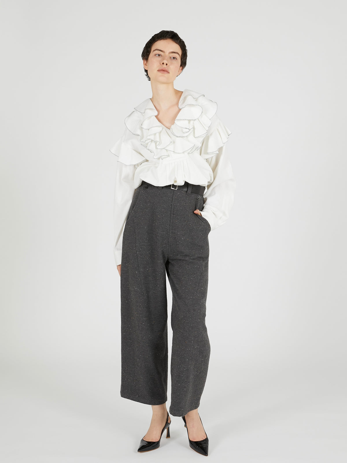 double front ruffle collar blouse|WHITE