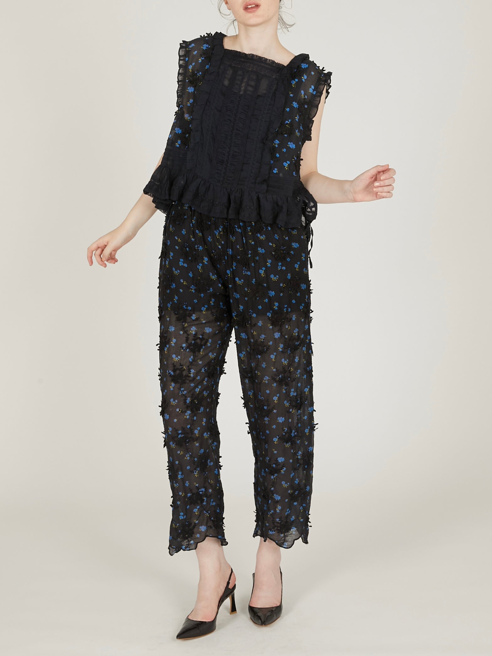 sheer flower easy pants|BLACK